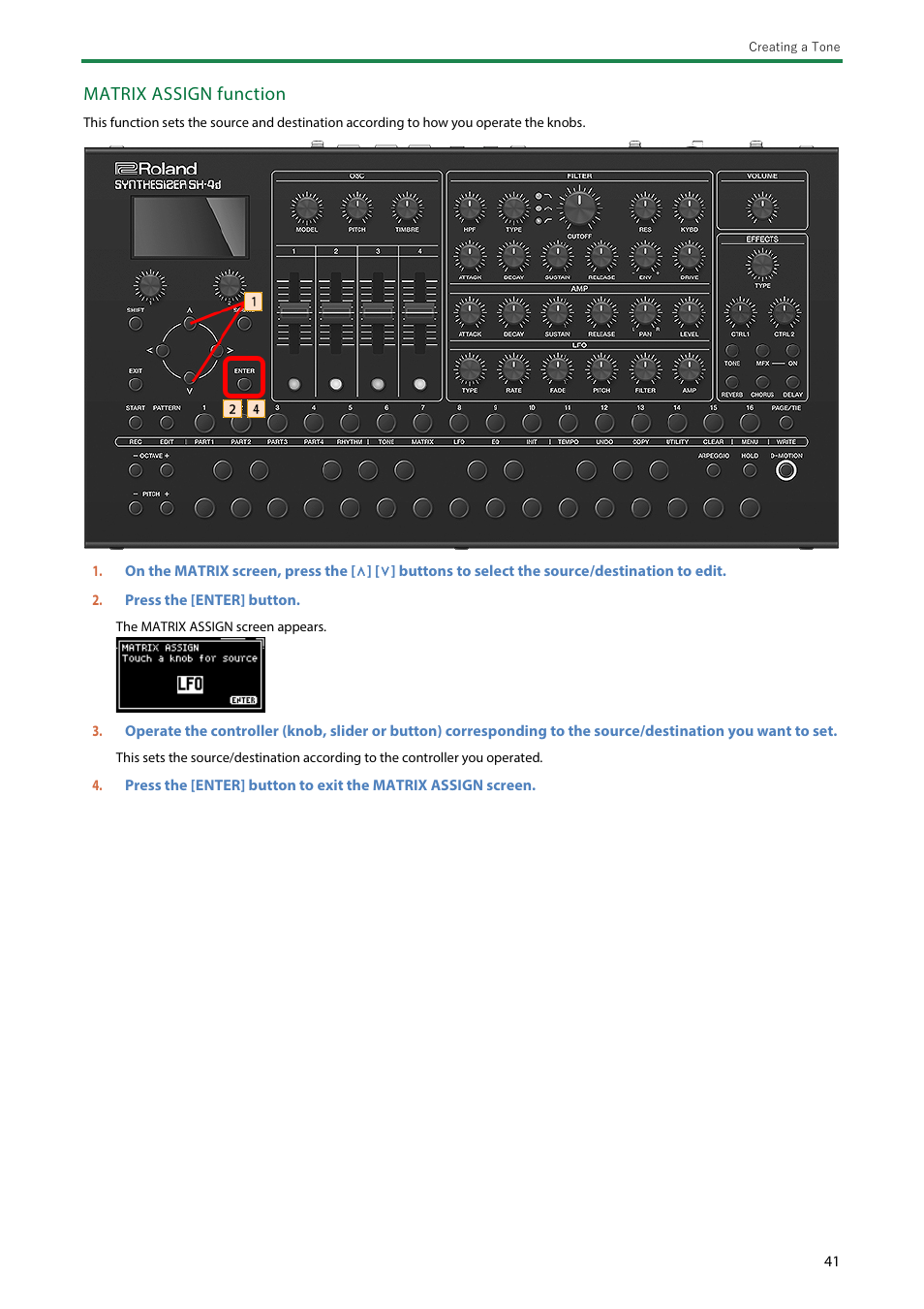 Matrix assign function | Roland SH-4d Digital Desktop Synthesizer User Manual | Page 41 / 208