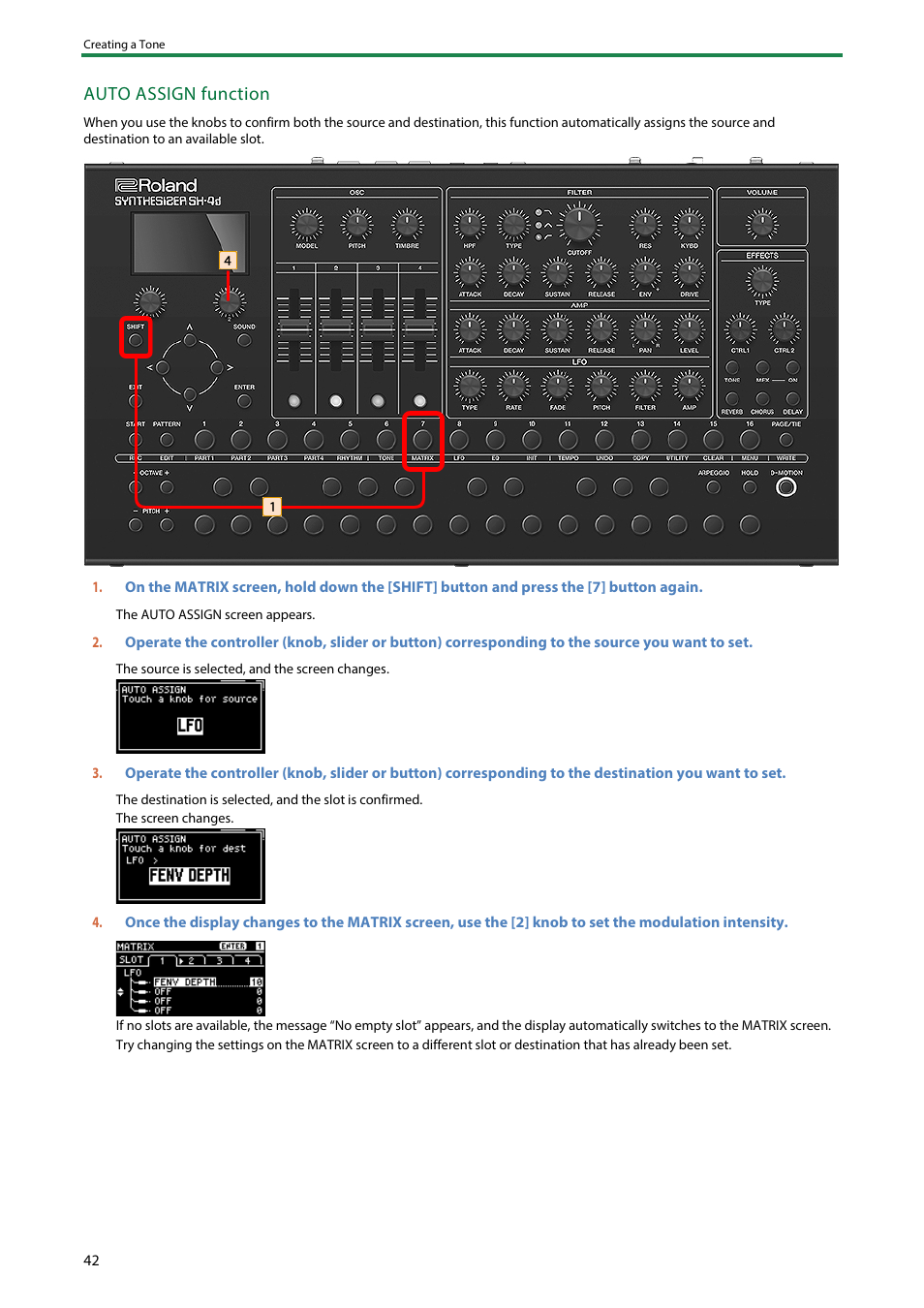 Auto assign function | Roland SH-4d Digital Desktop Synthesizer User Manual | Page 42 / 208