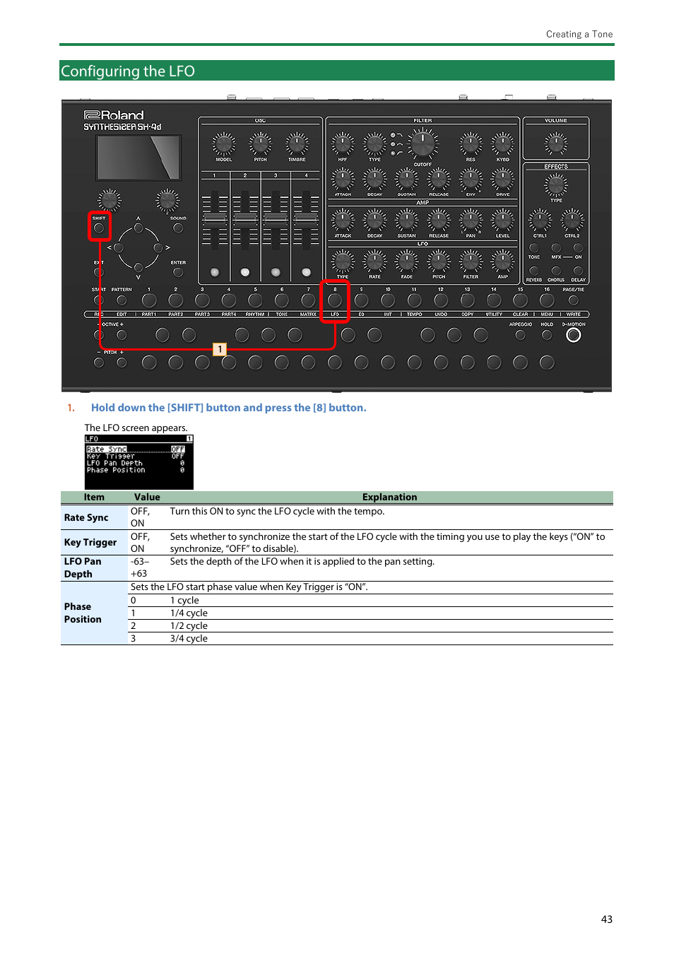 Configuring the lfo | Roland SH-4d Digital Desktop Synthesizer User Manual | Page 43 / 208