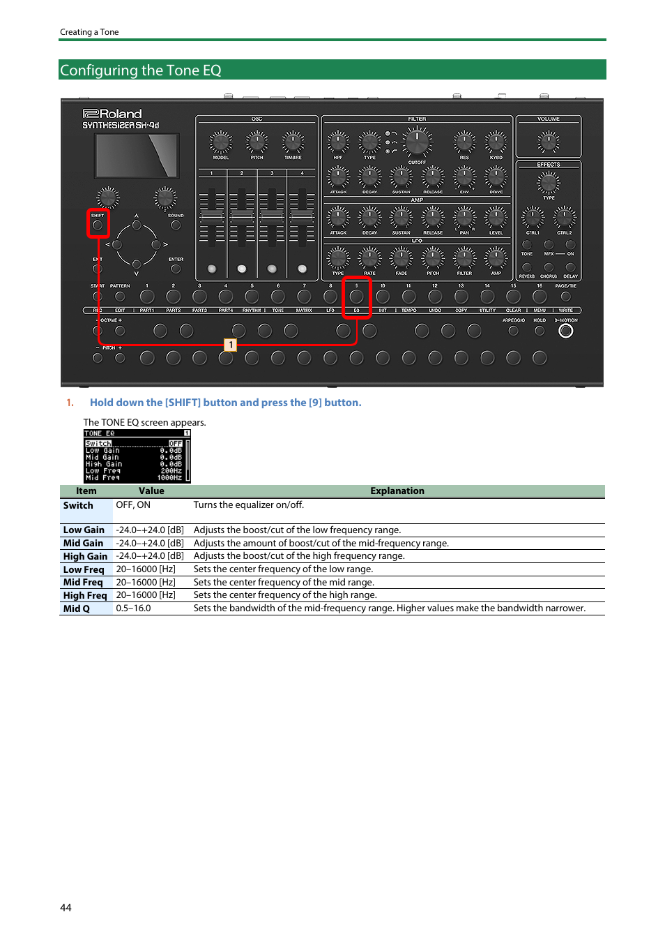 Configuring the tone eq | Roland SH-4d Digital Desktop Synthesizer User Manual | Page 44 / 208