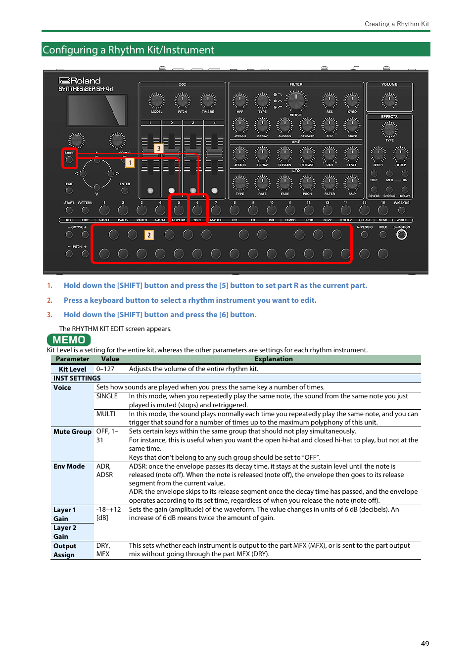 Configuring a rhythm kit/instrument | Roland SH-4d Digital Desktop Synthesizer User Manual | Page 49 / 208