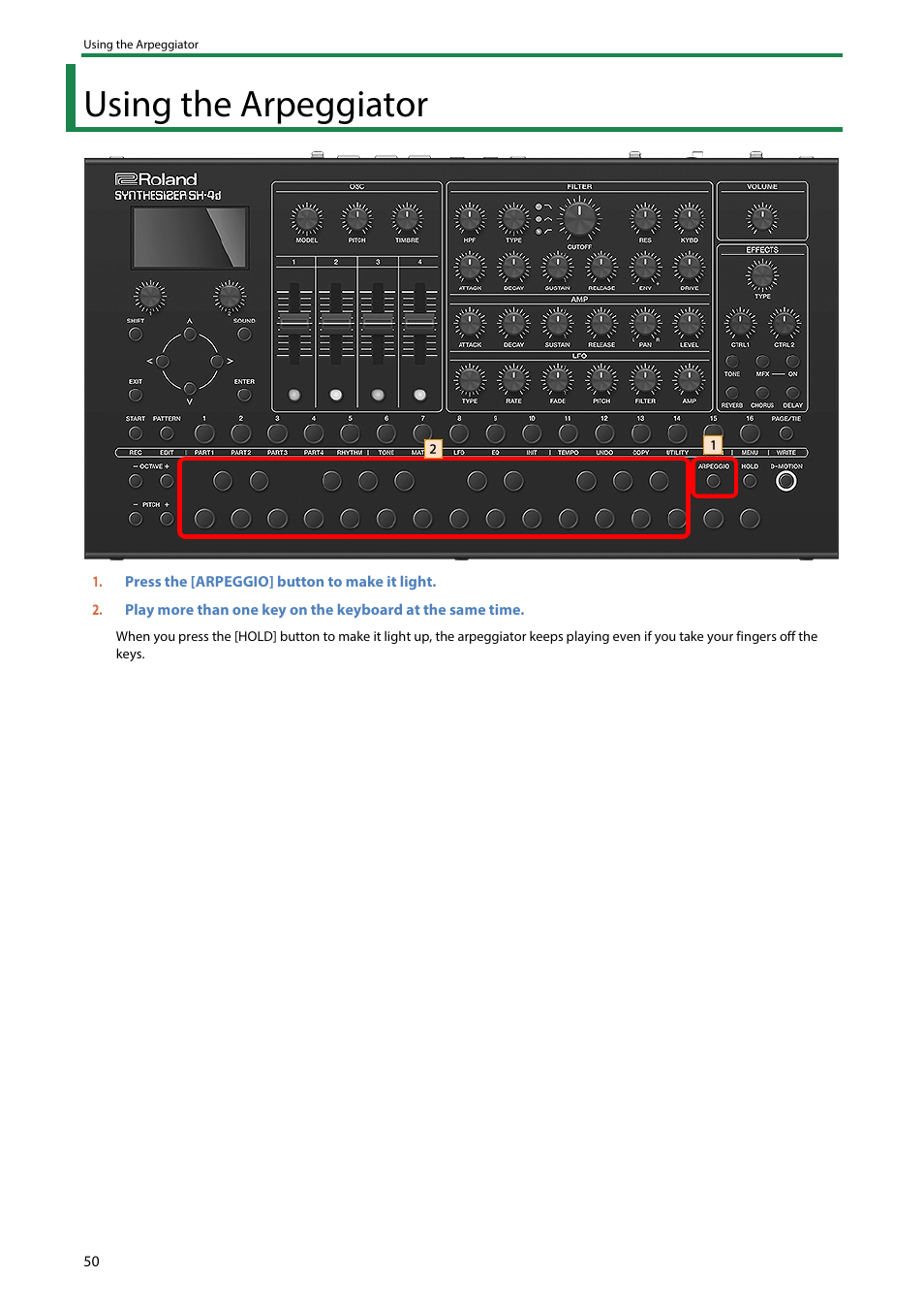 Using the arpeggiator | Roland SH-4d Digital Desktop Synthesizer User Manual | Page 50 / 208