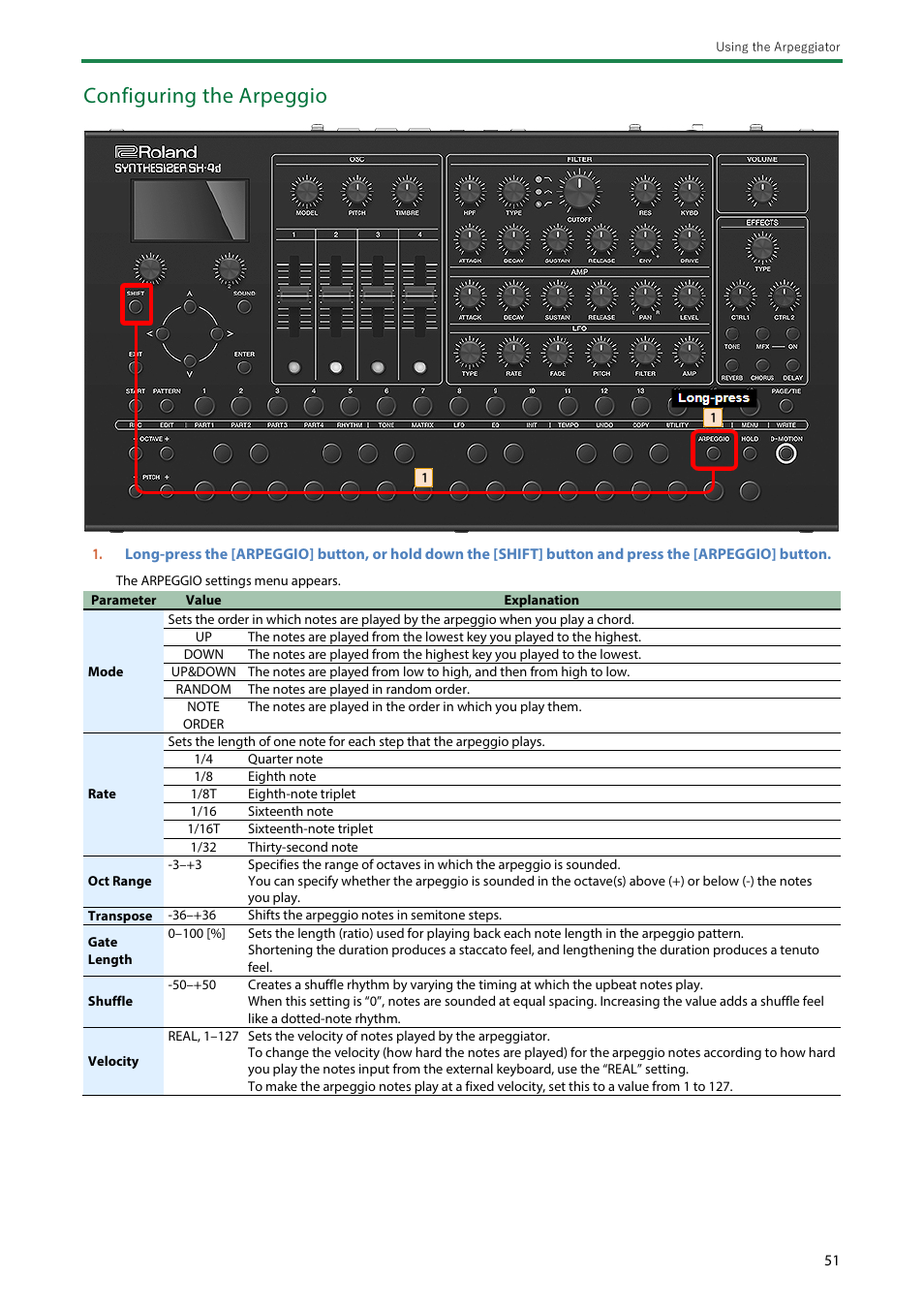 Configuring the arpeggio | Roland SH-4d Digital Desktop Synthesizer User Manual | Page 51 / 208