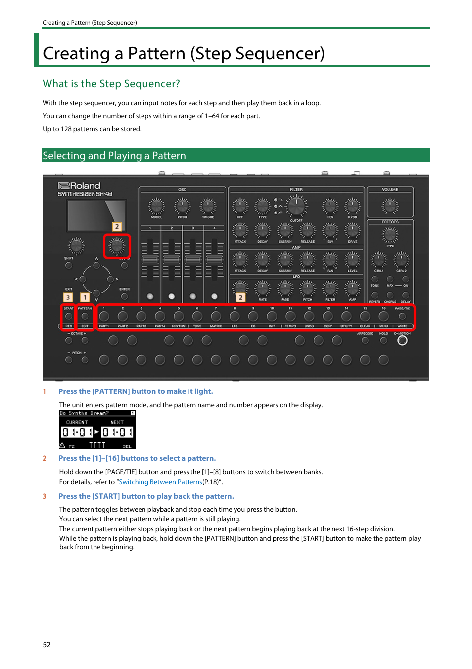 Creating a pattern (step sequencer), Selecting and playing a pattern, What is the step sequencer | Roland SH-4d Digital Desktop Synthesizer User Manual | Page 52 / 208
