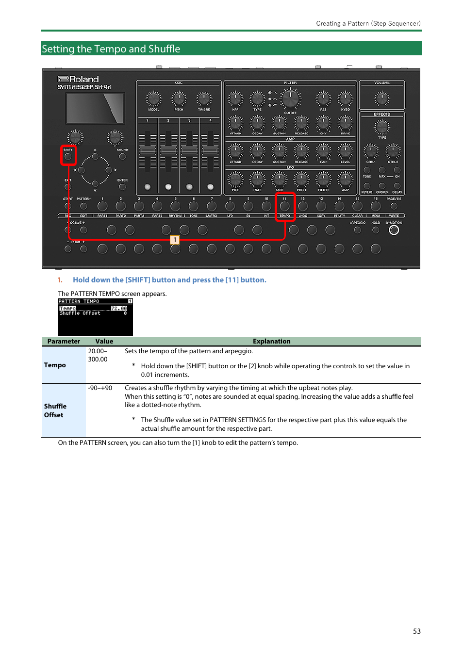 Setting the tempo and shuffle | Roland SH-4d Digital Desktop Synthesizer User Manual | Page 53 / 208