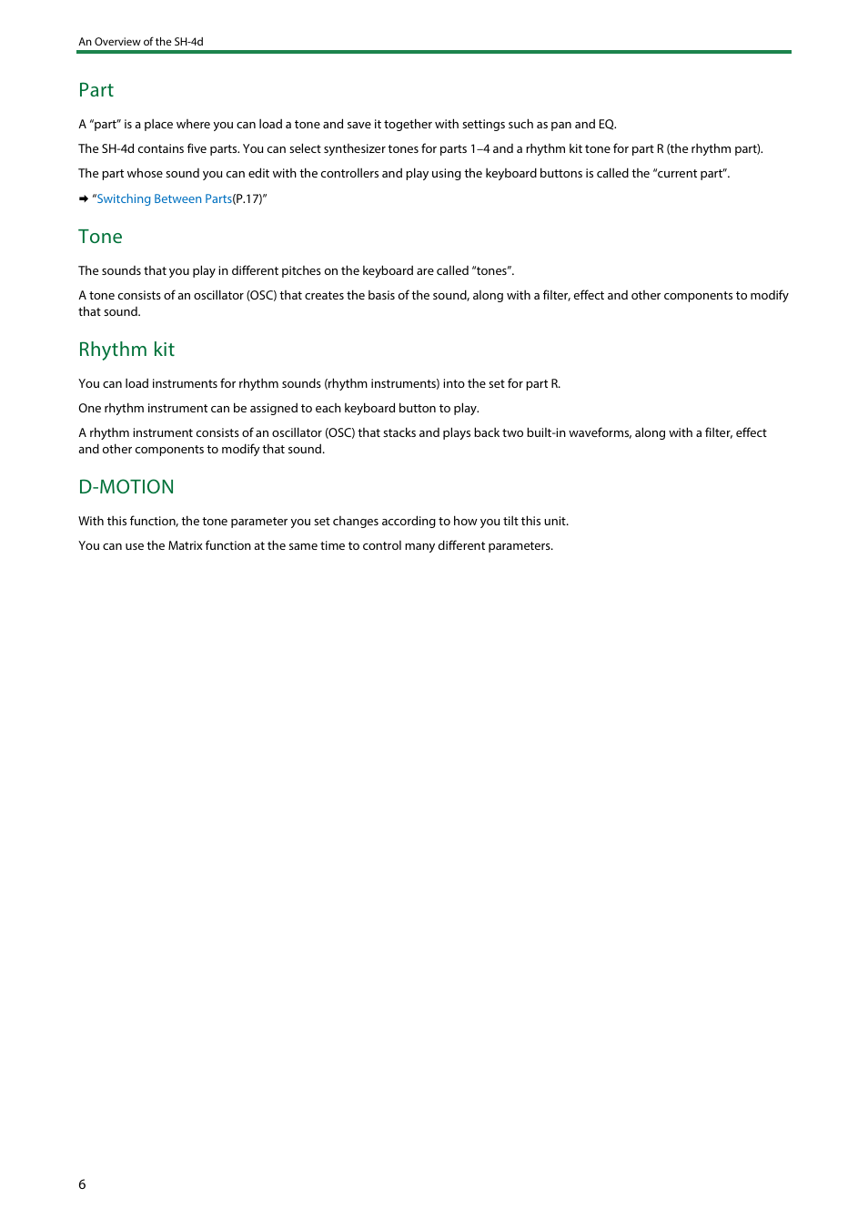 Part, Tone, Rhythm kit | D-motion | Roland SH-4d Digital Desktop Synthesizer User Manual | Page 6 / 208