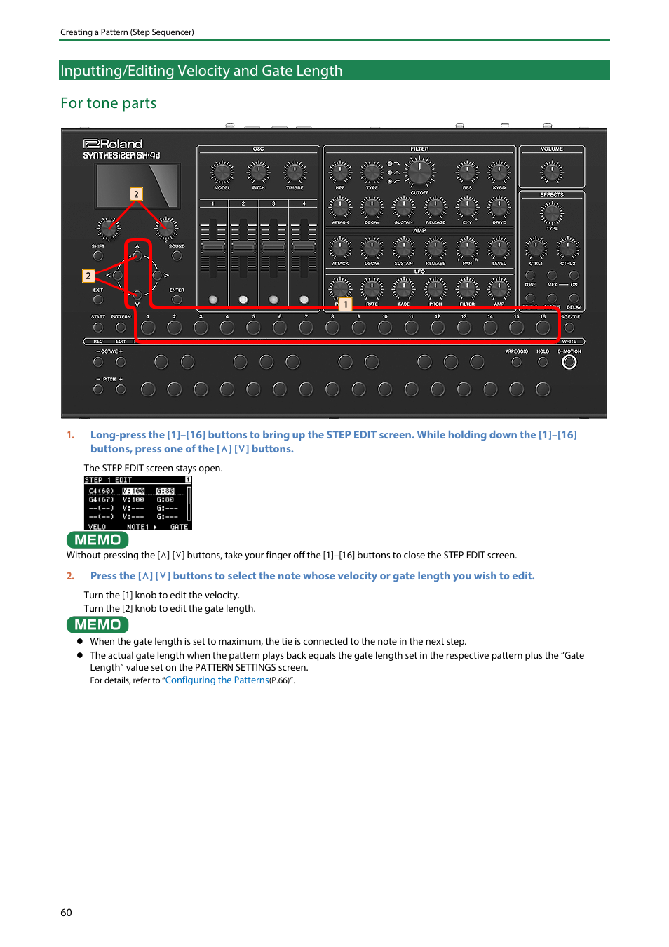 Inputting/editing velocity and gate length | Roland SH-4d Digital Desktop Synthesizer User Manual | Page 60 / 208