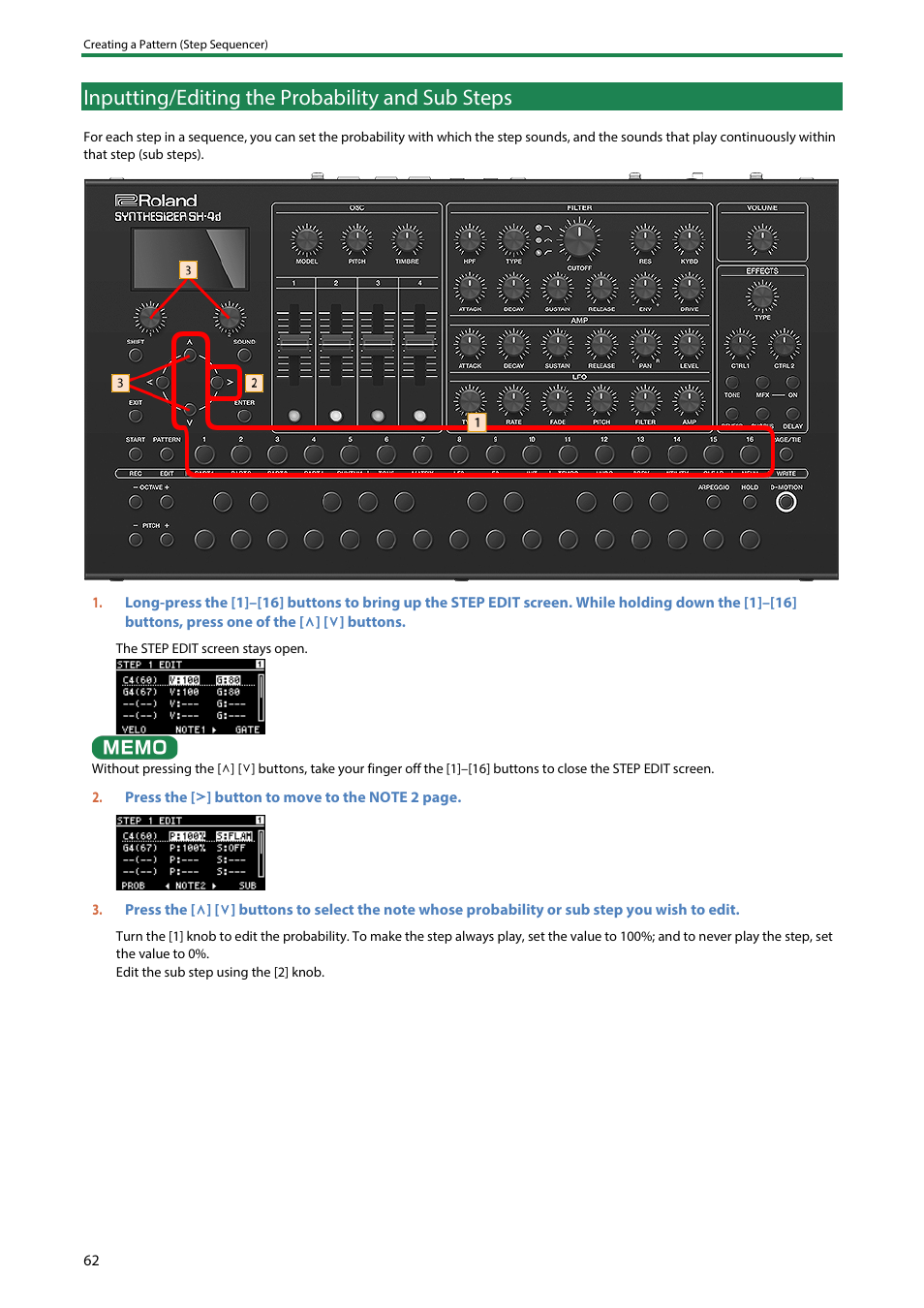 Inputting/editing the probability and sub steps | Roland SH-4d Digital Desktop Synthesizer User Manual | Page 62 / 208