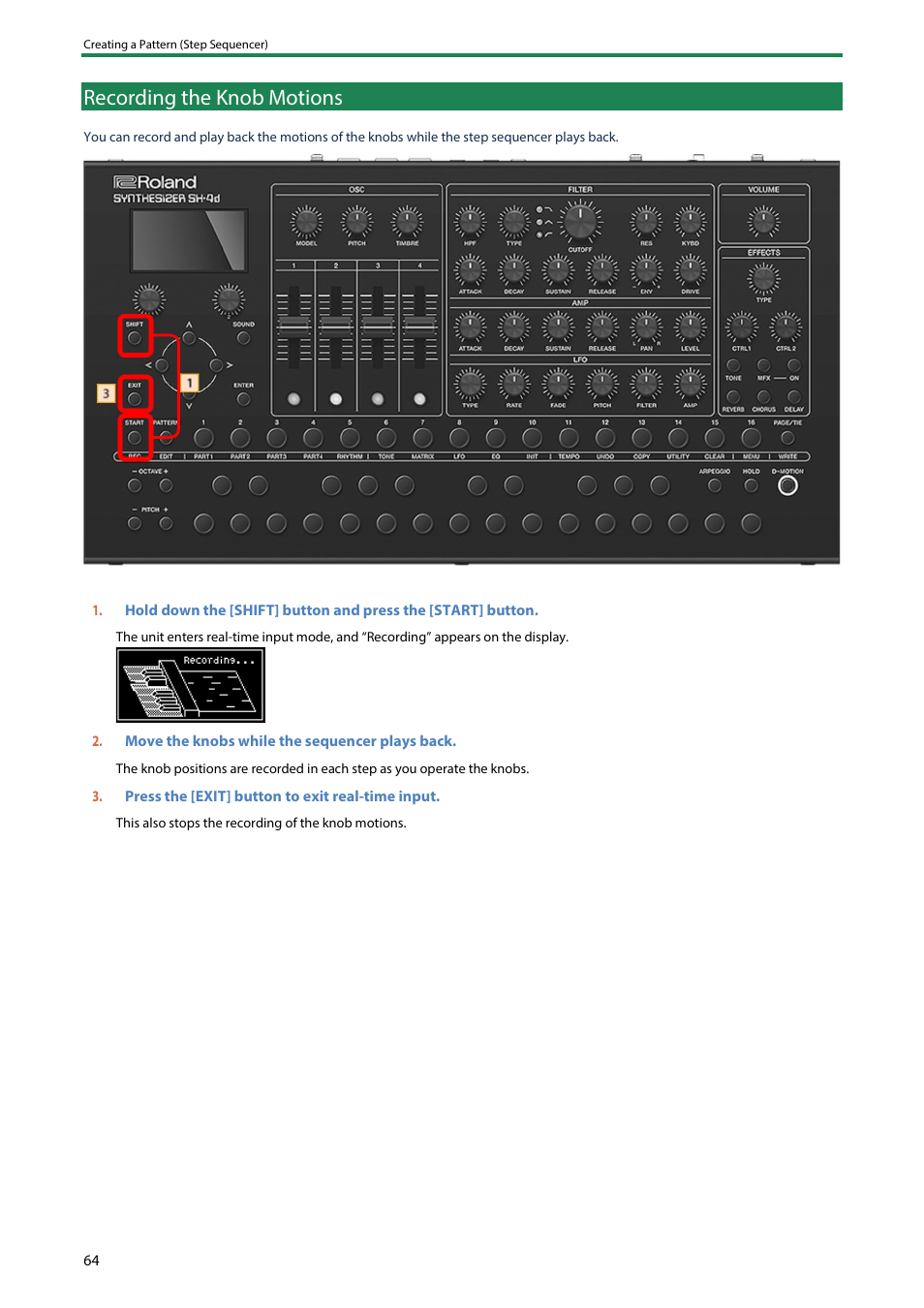 Recording the knob motions | Roland SH-4d Digital Desktop Synthesizer User Manual | Page 64 / 208