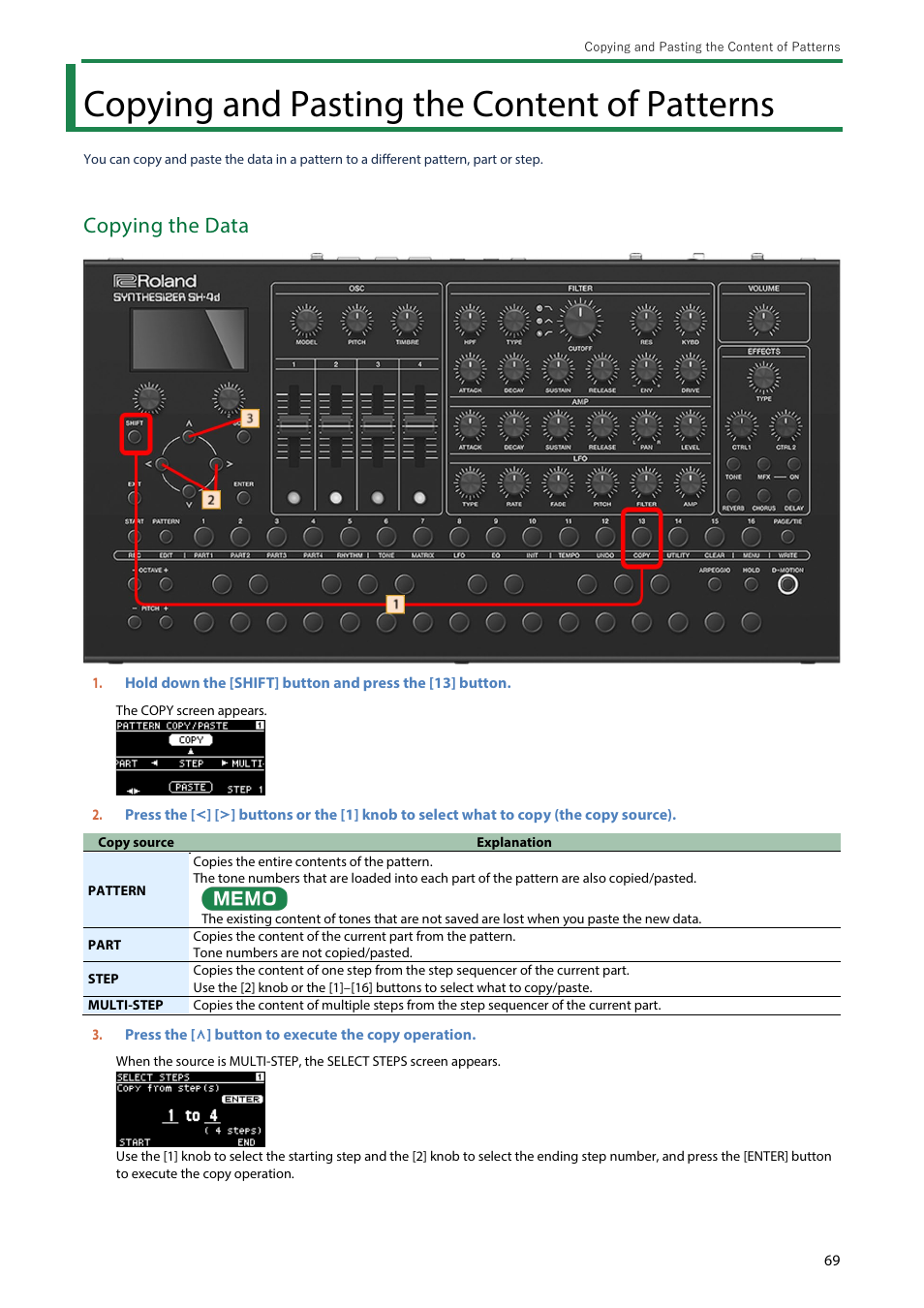 Copying and pasting the content of patterns, Copying the data | Roland SH-4d Digital Desktop Synthesizer User Manual | Page 69 / 208