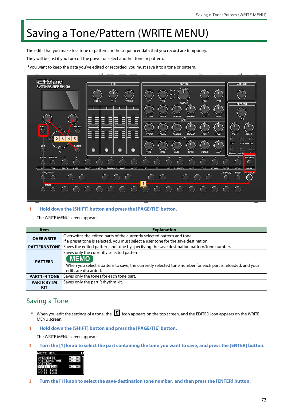 Saving a tone/pattern (write menu), Saving a tone | Roland SH-4d Digital Desktop Synthesizer User Manual | Page 73 / 208