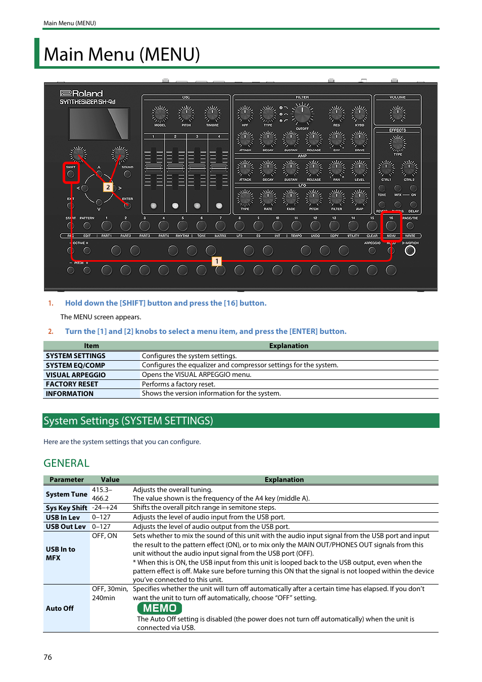 Main menu (menu), System settings (system settings), General | Roland SH-4d Digital Desktop Synthesizer User Manual | Page 76 / 208