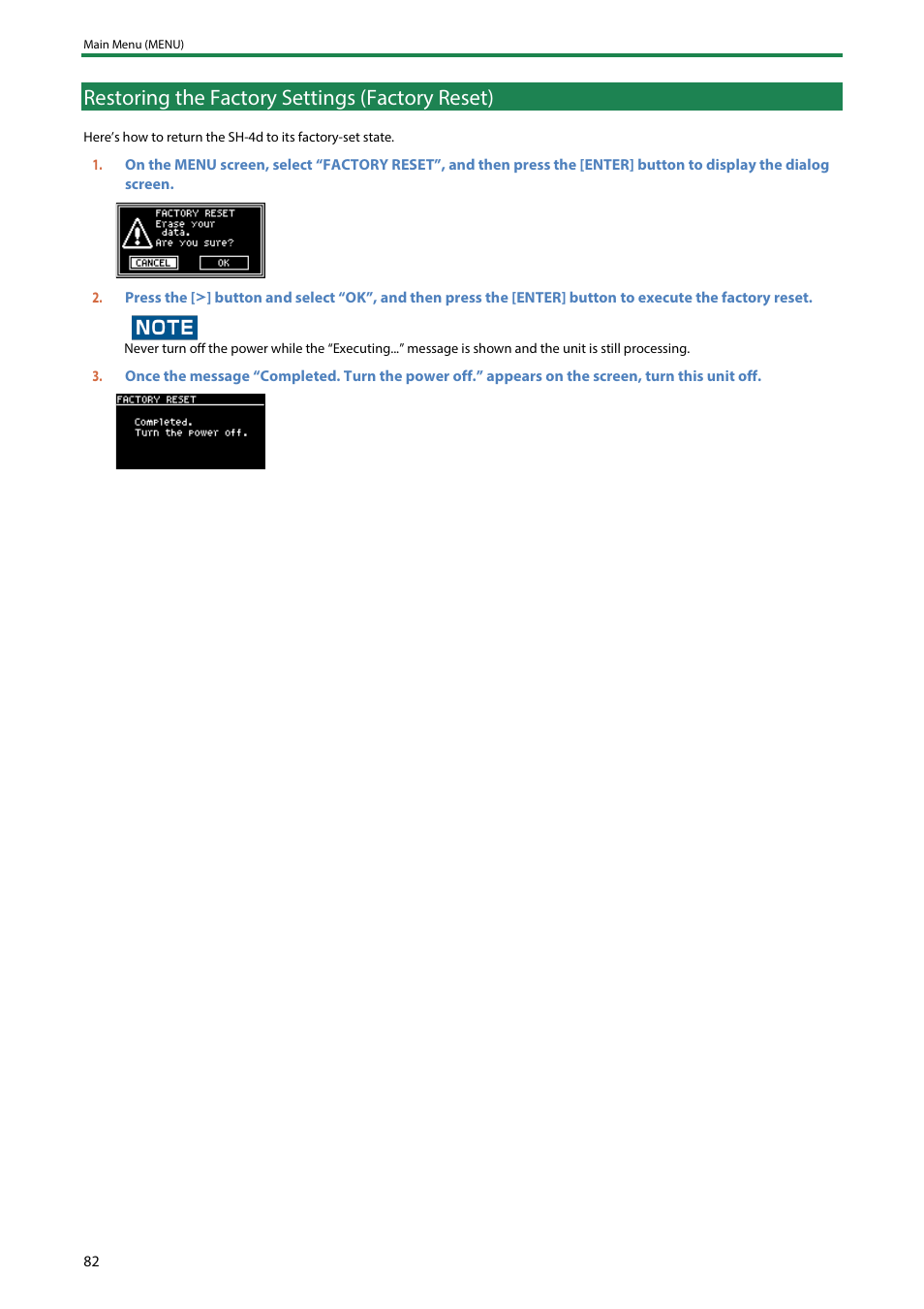 Restoring the factory settings (factory reset) | Roland SH-4d Digital Desktop Synthesizer User Manual | Page 82 / 208
