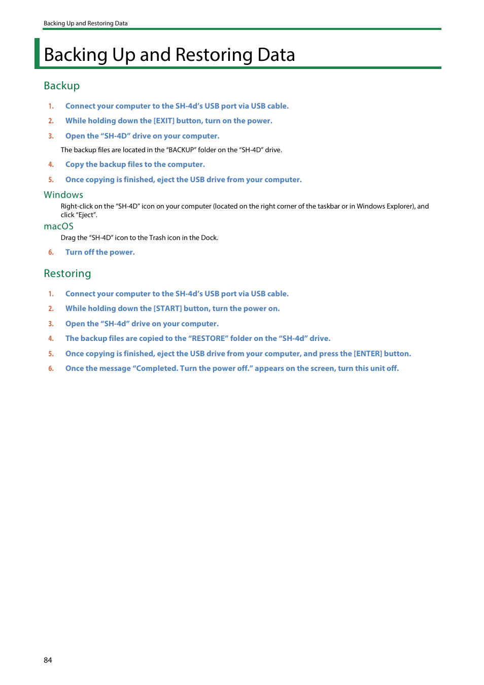 Backing up and restoring data, Backup, Restoring | Roland SH-4d Digital Desktop Synthesizer User Manual | Page 84 / 208