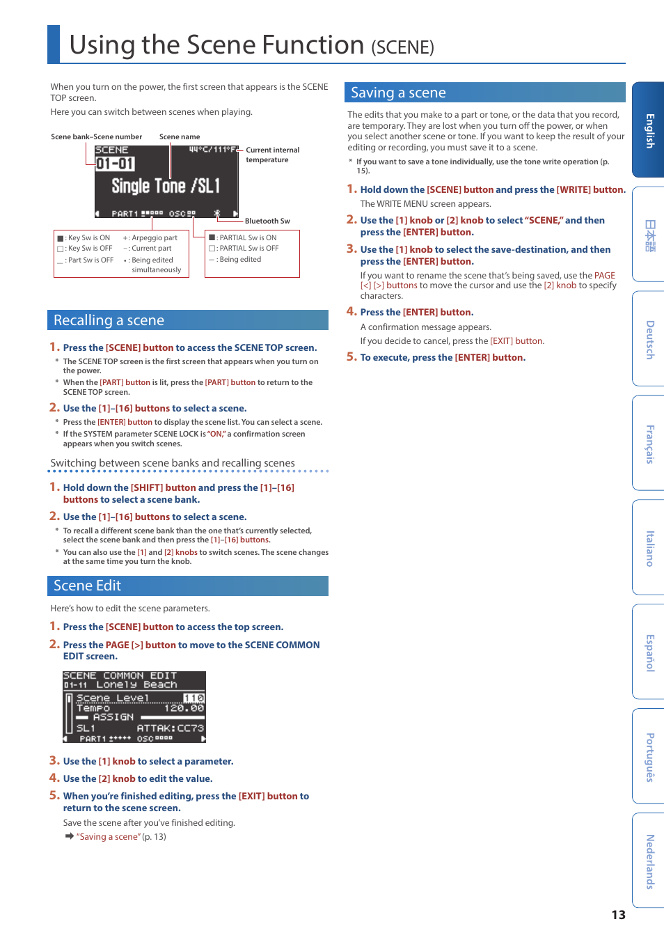 Using the scene function (scene), Recalling a scene, Scene edit | Saving a scene, Using the scene function, Scene) | Roland JUPITER-X Synthesizer User Manual | Page 13 / 30