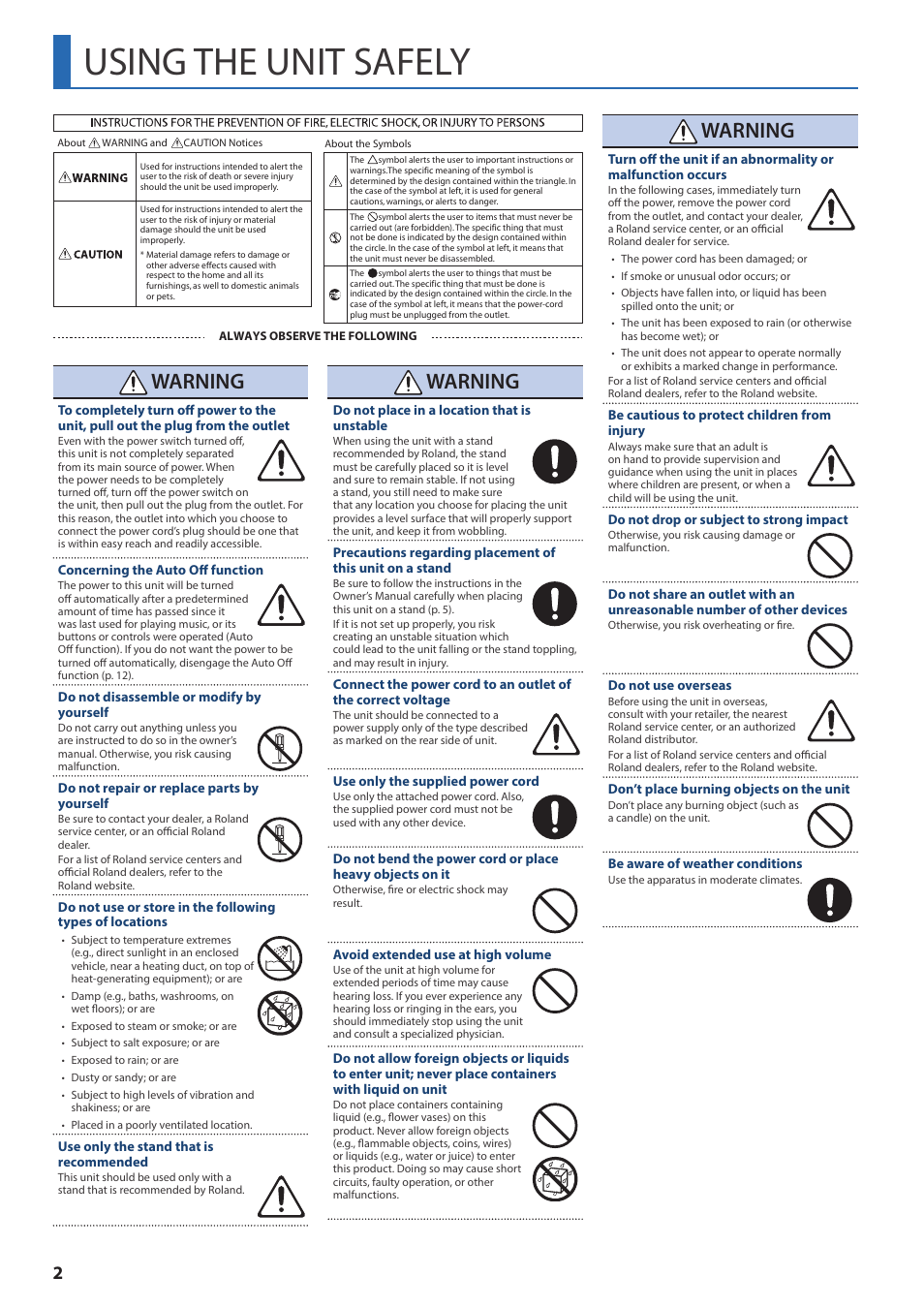 Using the unit safely, Warning | Roland JUPITER-X Synthesizer User Manual | Page 2 / 30