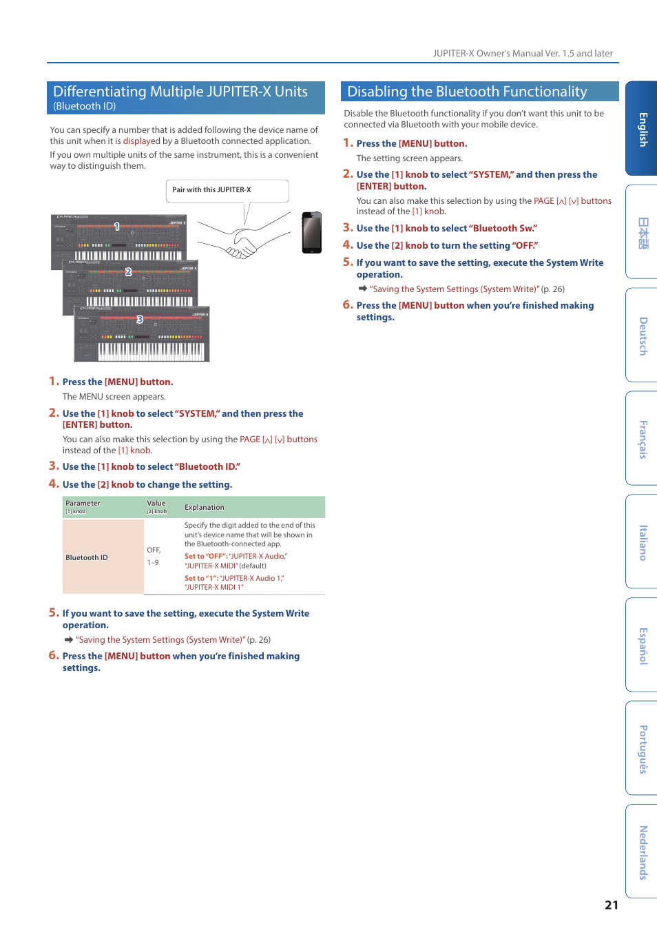 Disabling the bluetooth functionality, Differentiating multiple jupiter-x units, Bluetooth id) | Roland JUPITER-X Synthesizer User Manual | Page 21 / 30