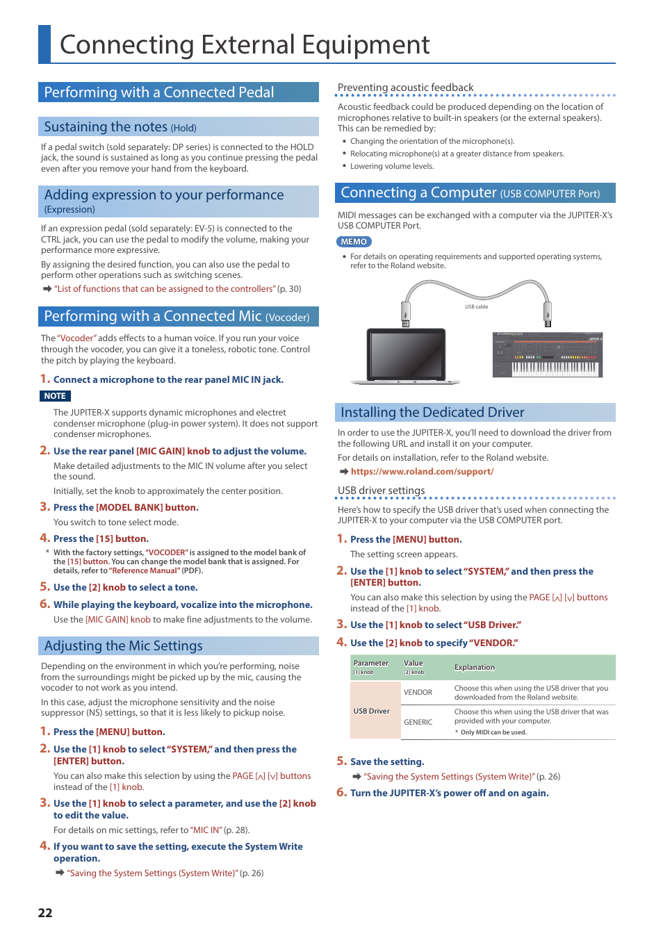 Connecting external equipment, Performing with a connected pedal, Sustaining the notes (hold) | Adding expression to your performance (expression), Performing with a connected mic (vocoder), Adjusting the mic settings, Connecting a computer (usb computer port), Installing the dedicated driver, Sustaining the notes, Hold) | Roland JUPITER-X Synthesizer User Manual | Page 22 / 30