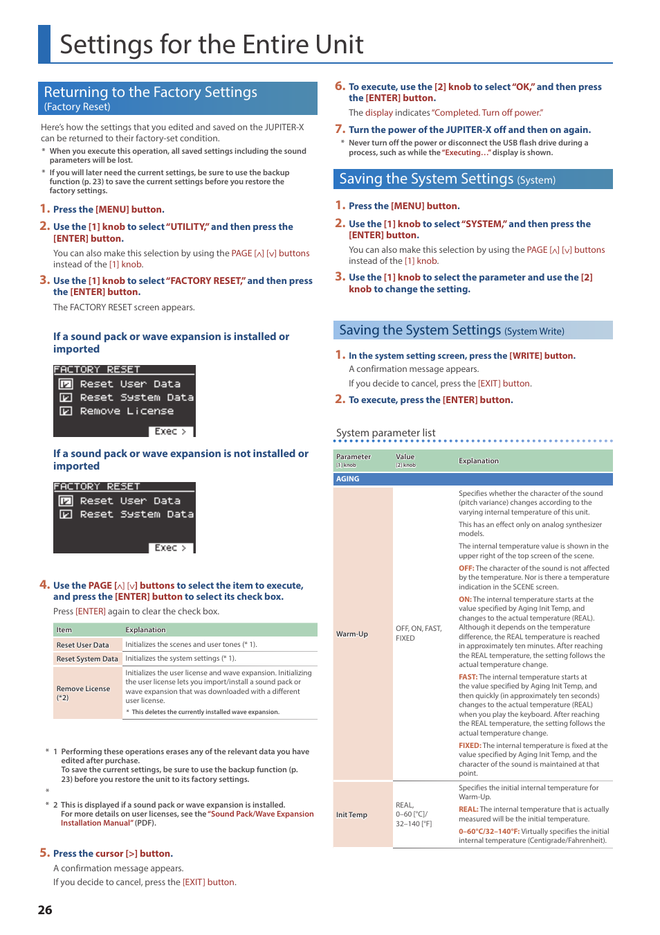 Settings for the entire unit, Returning to the factory settings (factory reset), Saving the system settings (system) | Saving the system settings (system write), Returning to the factory settings, Factory reset), Saving the system settings, System), System write), P. 26) | Roland JUPITER-X Synthesizer User Manual | Page 26 / 30