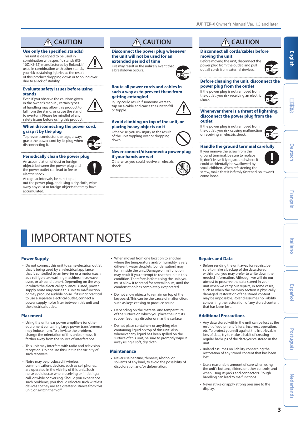 Important notes, Caution | Roland JUPITER-X Synthesizer User Manual | Page 3 / 30