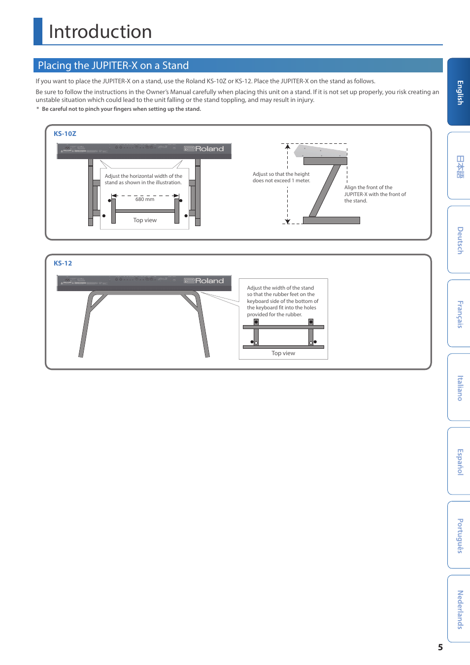 Introduction, Placing the jupiter-x on a stand | Roland JUPITER-X Synthesizer User Manual | Page 5 / 30