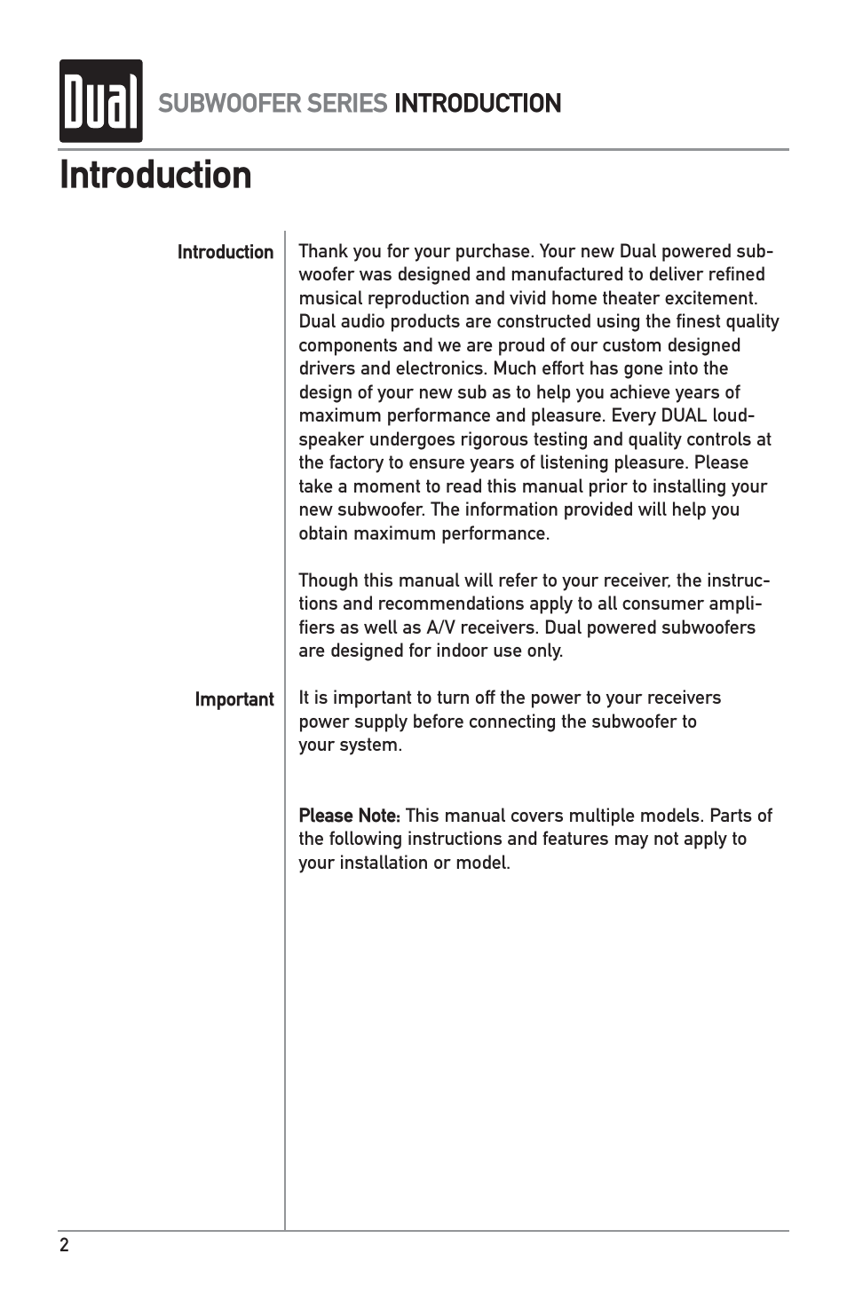 Introduction | Dual L8SW User Manual | Page 2 / 8