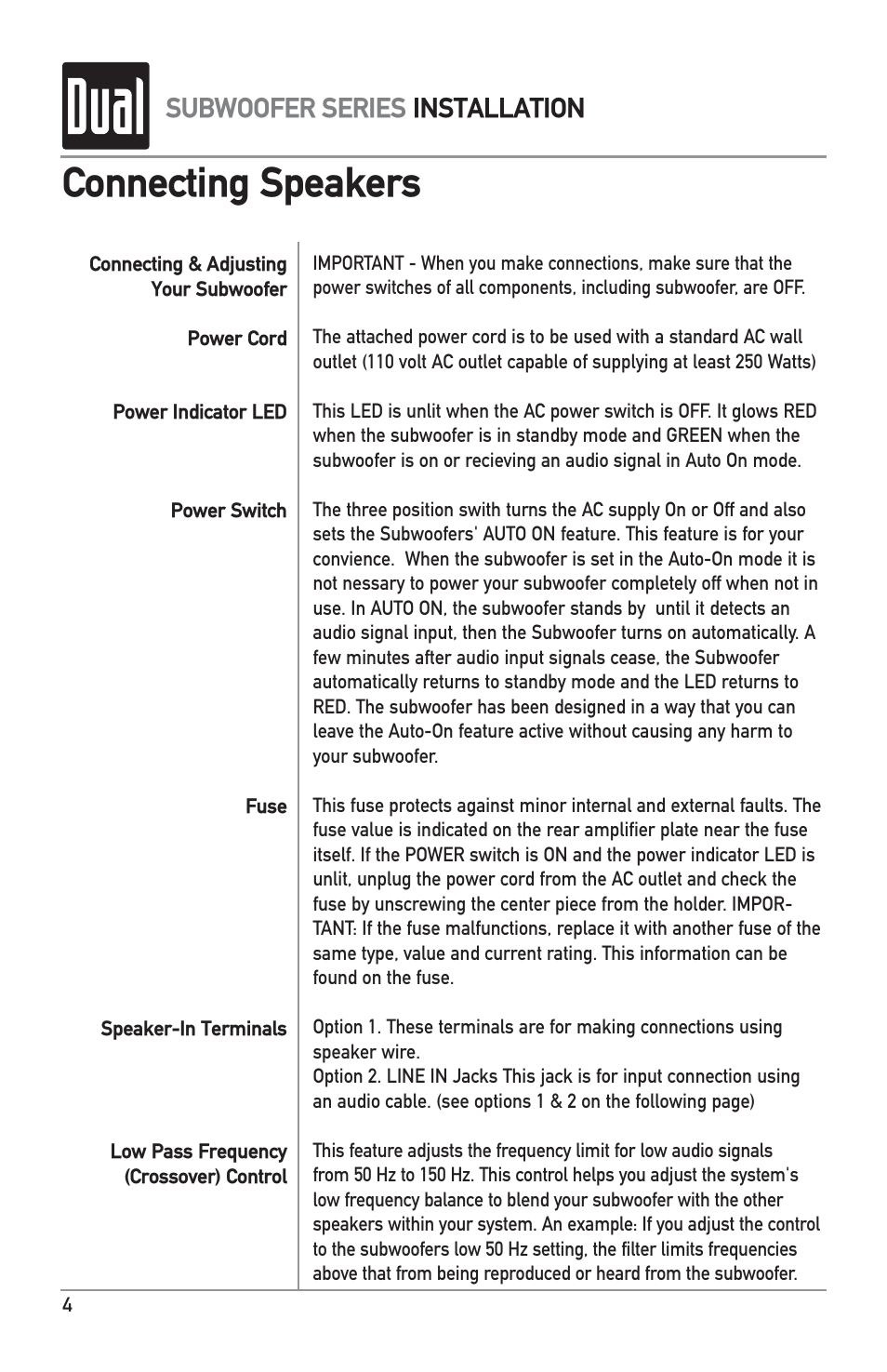 Connecting speakers, Subwoofer series installation | Dual L8SW User Manual | Page 4 / 8