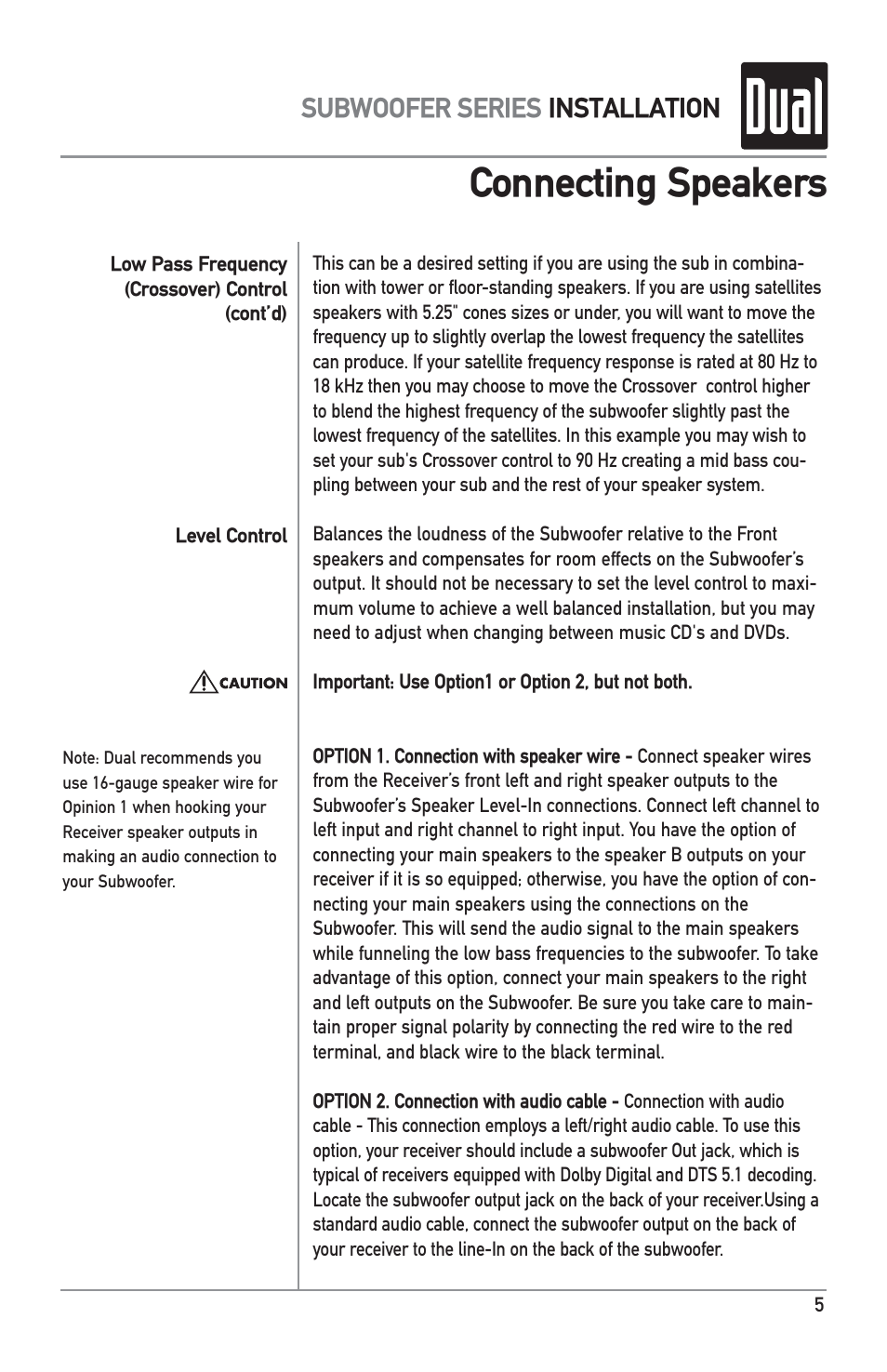 Connecting speakers, Subwoofer series installation | Dual L8SW User Manual | Page 5 / 8