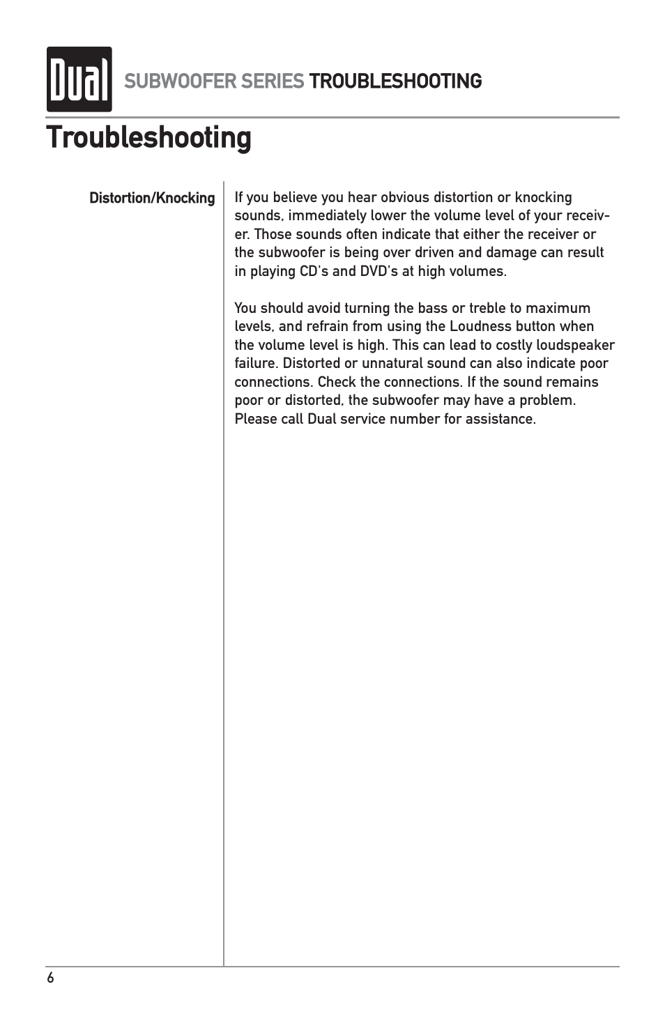 Troubleshooting | Dual L8SW User Manual | Page 6 / 8