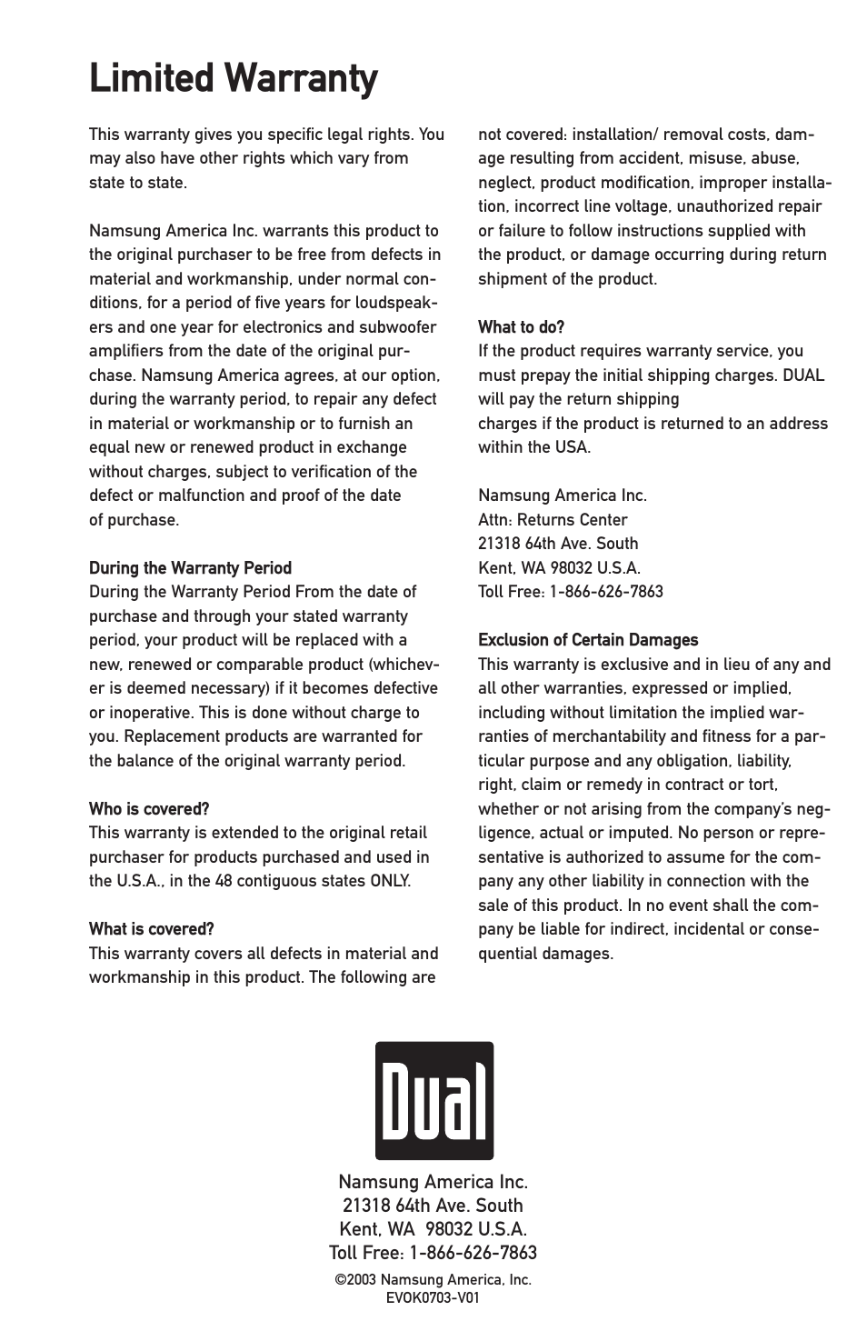 Limited warranty | Dual L8SW User Manual | Page 8 / 8