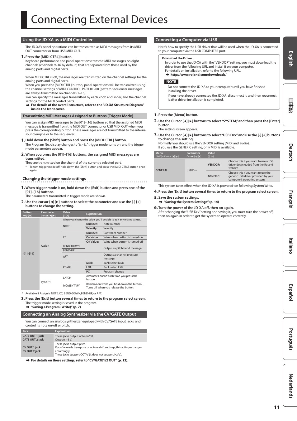 Connecting external devices, Using the jd-xa as a midi controller, Connecting a computer via usb | Using the jd-xa as a midi controller” (p. 11), Connecting a computer via usb” (p. 11) | Roland JD-XA Analog/Digital Synthesizer User Manual | Page 11 / 22