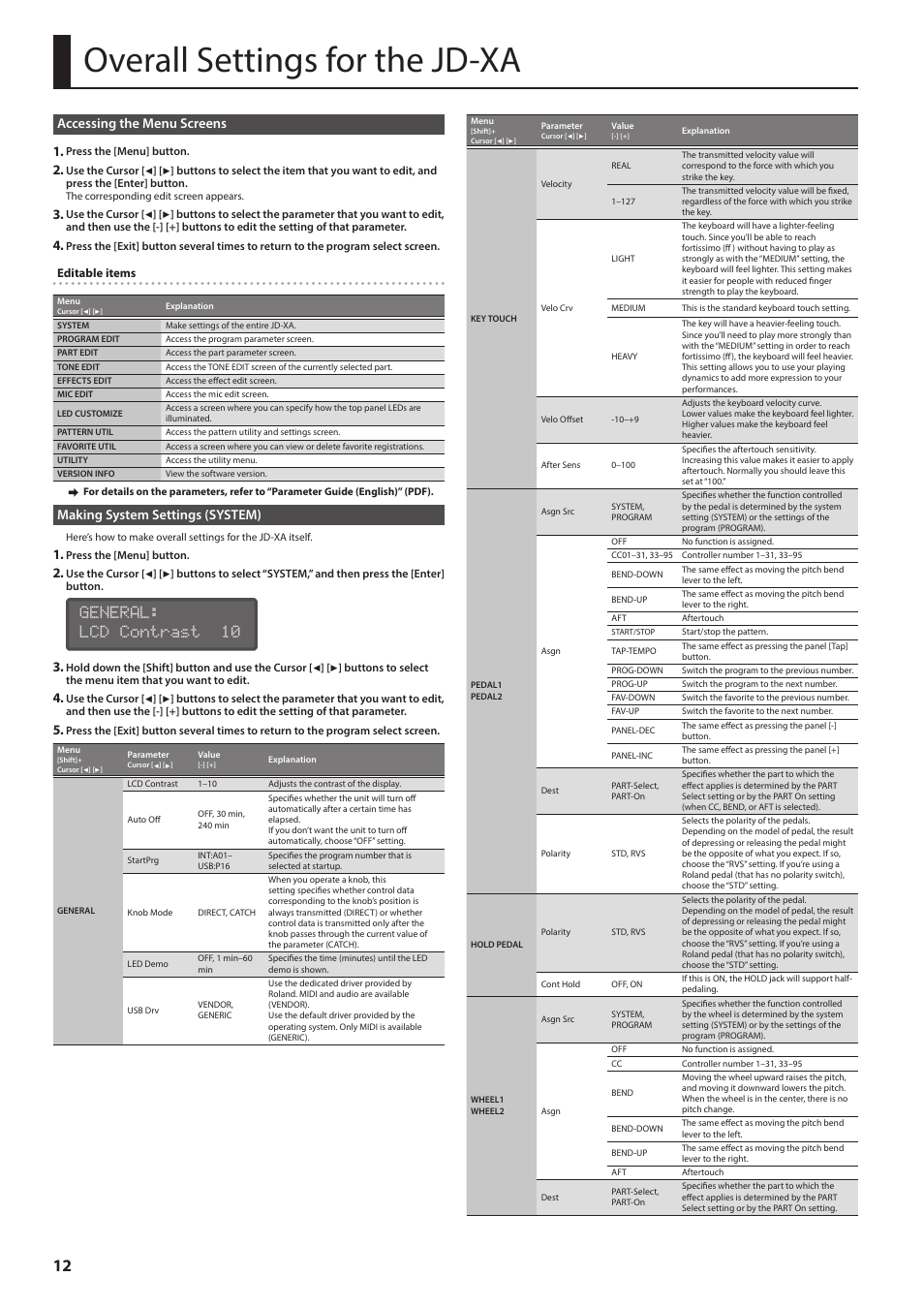 Overall settings for the jd-xa, Accessing the menu screens, Making system settings (system) | Accessing the menu screens” (p. 12), Making system settings (system)” (p. 12), General: lcd contrast 10, Accessing the menu screens 1 | Roland JD-XA Analog/Digital Synthesizer User Manual | Page 12 / 22