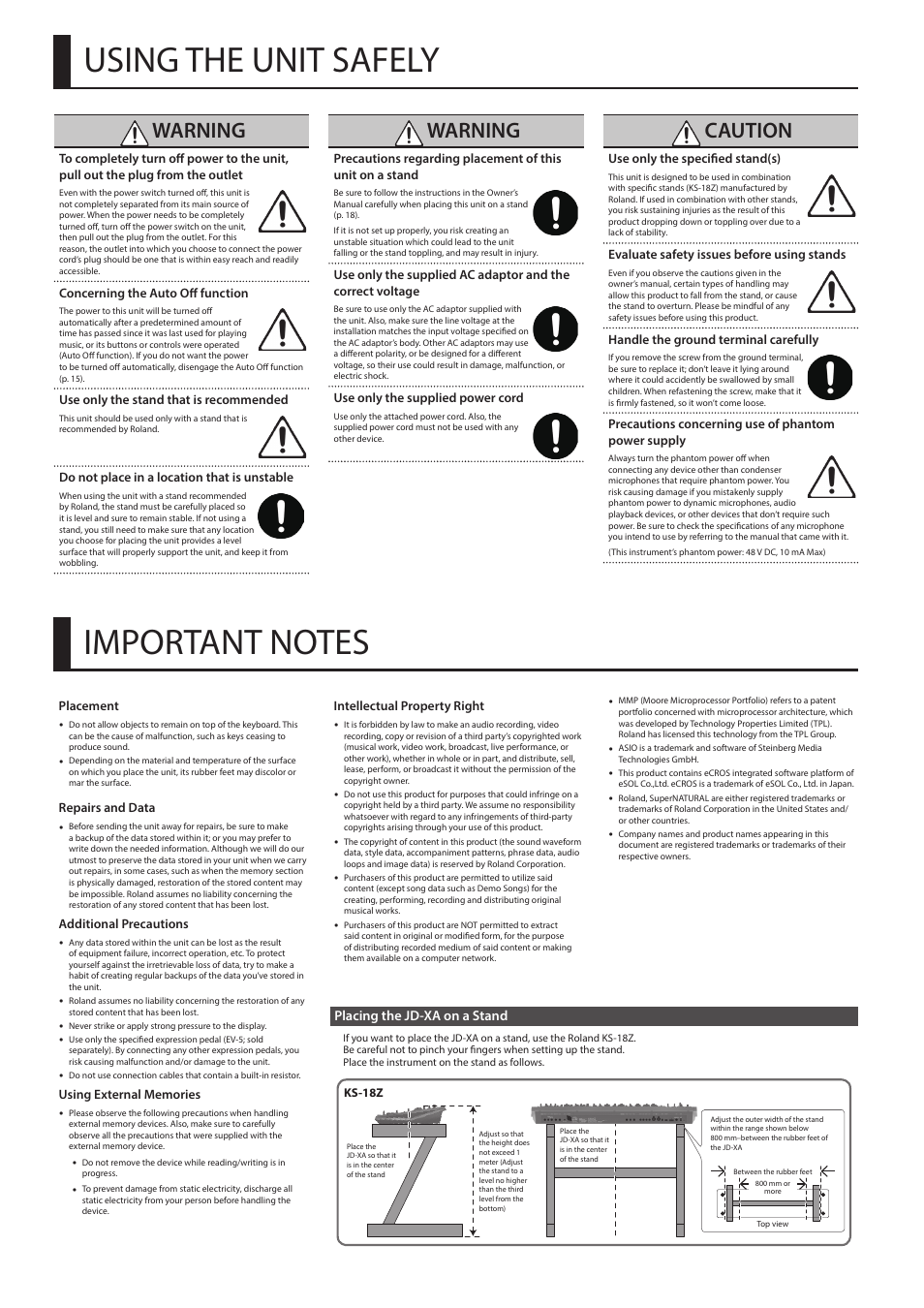 Using the unit safely, Important notes, Placing the jd-xa on a stand | Anual (p. 18)). a, Warning, Caution | Roland JD-XA Analog/Digital Synthesizer User Manual | Page 18 / 22