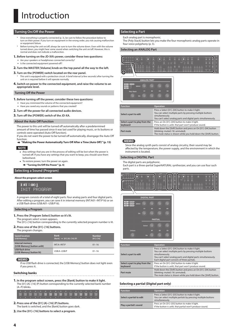 Introduction, Turning on/off the power, Selecting a sound (program) | Selecting a part, Turning on/off the power” (p. 4), Init program | Roland JD-XA Analog/Digital Synthesizer User Manual | Page 4 / 22