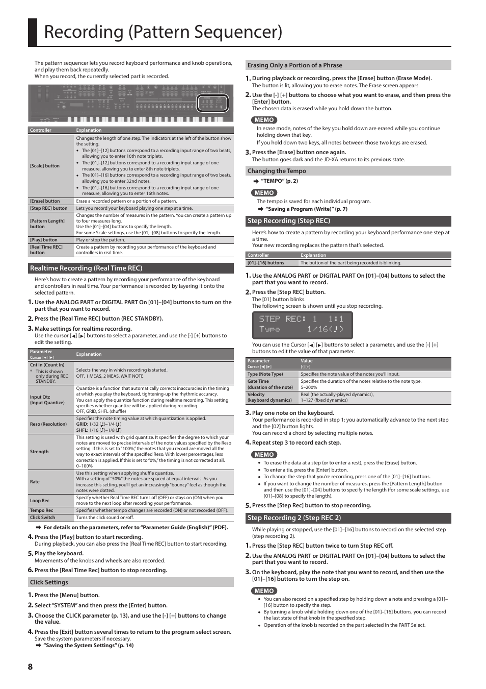 Recording (pattern sequencer), Realtime recording (real time rec), Step recording (step rec) | Step recording 2 (step rec 2) | Roland JD-XA Analog/Digital Synthesizer User Manual | Page 8 / 22