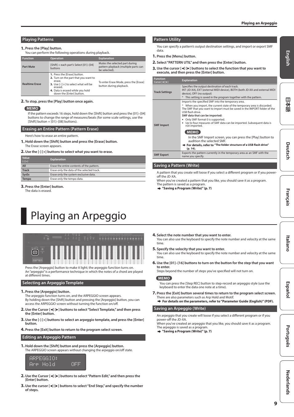 Playing patterns, Erasing an entire pattern (pattern erase), Pattern utility | Saving a pattern (write), Playing an arpeggio, Selecting an arpeggio template, Editing an arpeggio pattern, Saving an arpeggio (write), Playing an arpeggio” (p. 9), Arpeggio: arp hold off | Roland JD-XA Analog/Digital Synthesizer User Manual | Page 9 / 22