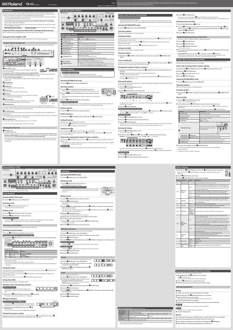 Roland Boutique TB-03 Bassline Synthesizer User Manual | 1 page