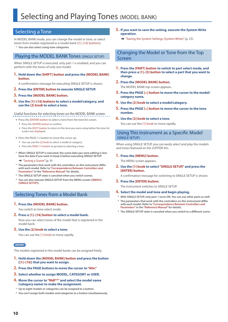 Selecting and playing tones (model bank), Selecting a tone, Playing the model bank tones (single setup) | Selecting tones from a model bank, Changing the model or tone from the top screen, Selecting and playing tones, Model bank), Playing the model bank tones, Single setup), Using this instrument as a specific model | Roland JUPITER-Xm Portable Synthesizer User Manual | Page 10 / 27