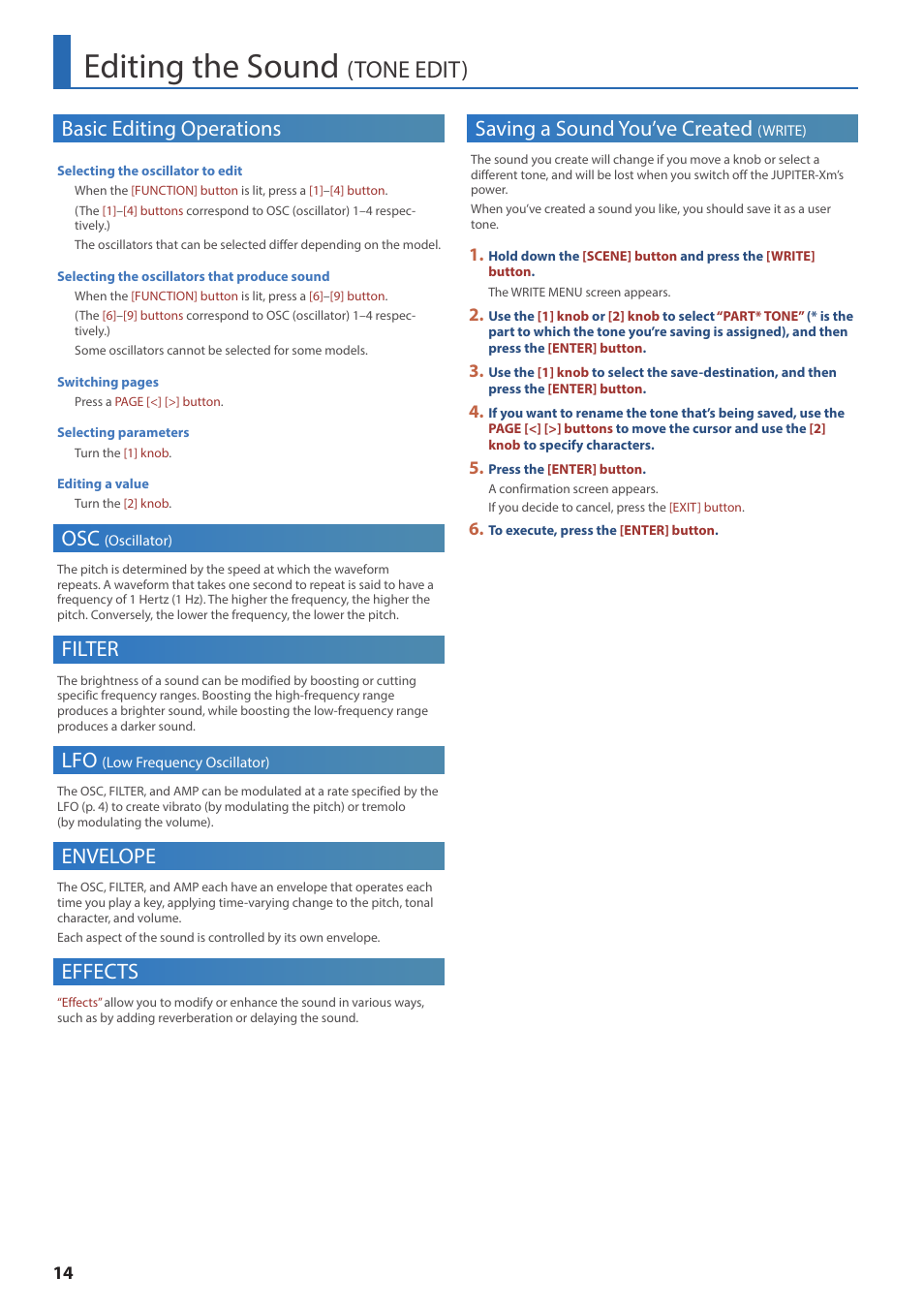 Editing the sound (tone edit), Basic editing operations, Osc (oscillator) | Filter, Lfo (low frequency oscillator), Envelope, Effects, Saving a sound you’ve created (write), Editing the sound, Tone edit) | Roland JUPITER-Xm Portable Synthesizer User Manual | Page 14 / 27