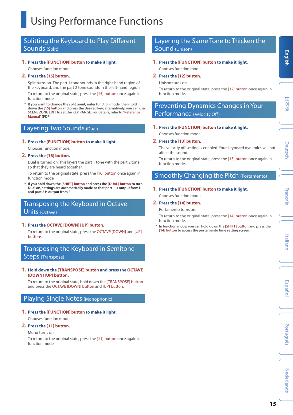 Using performance functions, Layering two sounds (dual), Transposing the keyboard in octave units (octave) | Playing single notes (monophonic), Smoothly changing the pitch (portamento), Splitting the keyboard to play different sounds, Split), Layering two sounds, Dual), Transposing the keyboard in octave units | Roland JUPITER-Xm Portable Synthesizer User Manual | Page 15 / 27