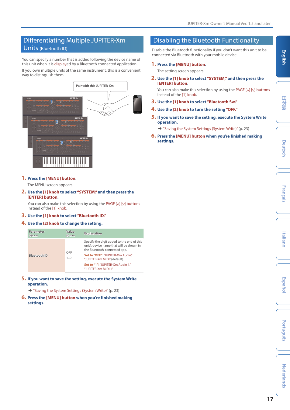 Disabling the bluetooth functionality, Differentiating multiple jupiter-xm units, Bluetooth id) | Roland JUPITER-Xm Portable Synthesizer User Manual | Page 17 / 27