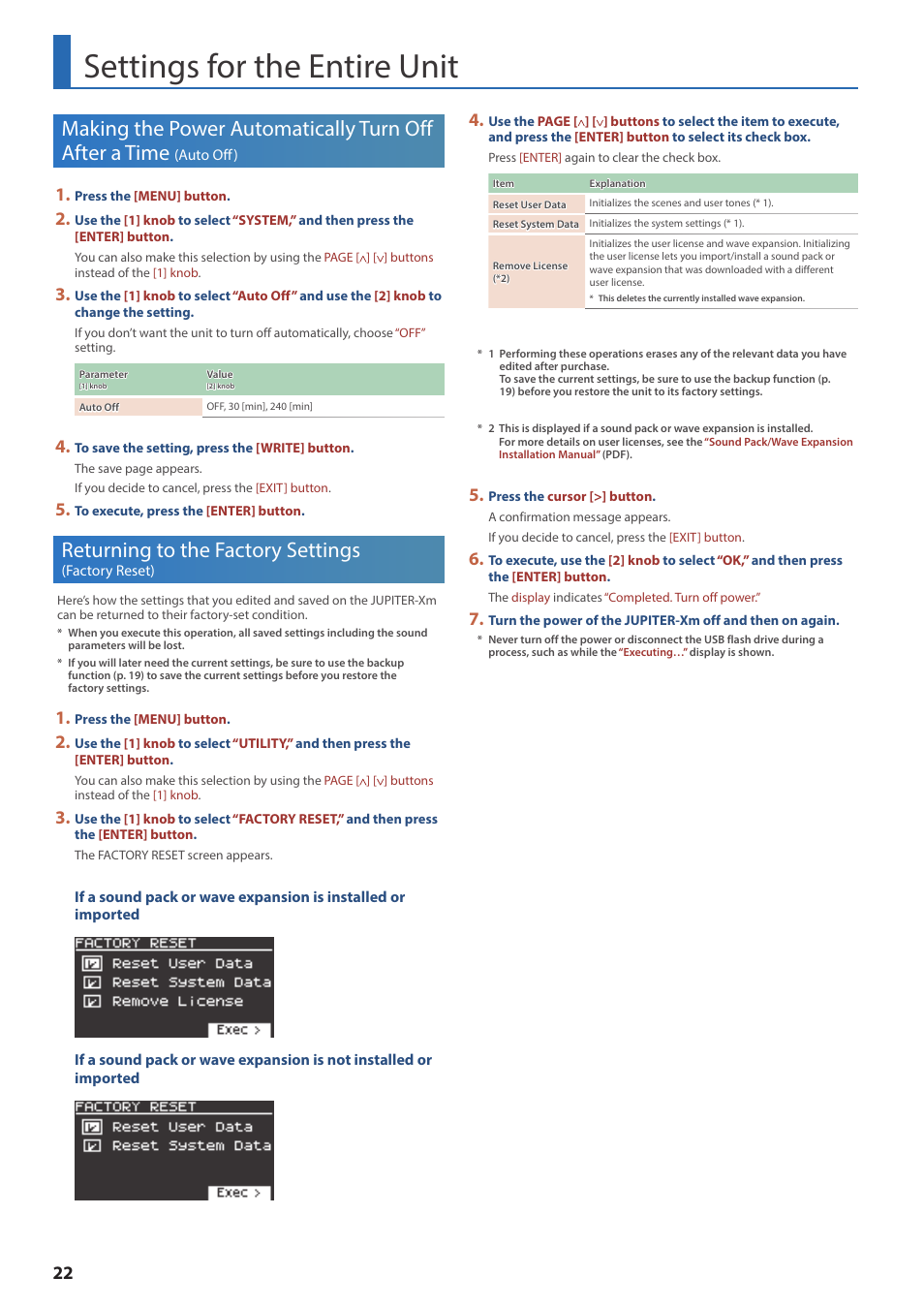 Settings for the entire unit, Returning to the factory settings (factory reset), Auto off) | Returning to the factory settings, Factory reset), P. 22), Eset (p. 22) | Roland JUPITER-Xm Portable Synthesizer User Manual | Page 22 / 27