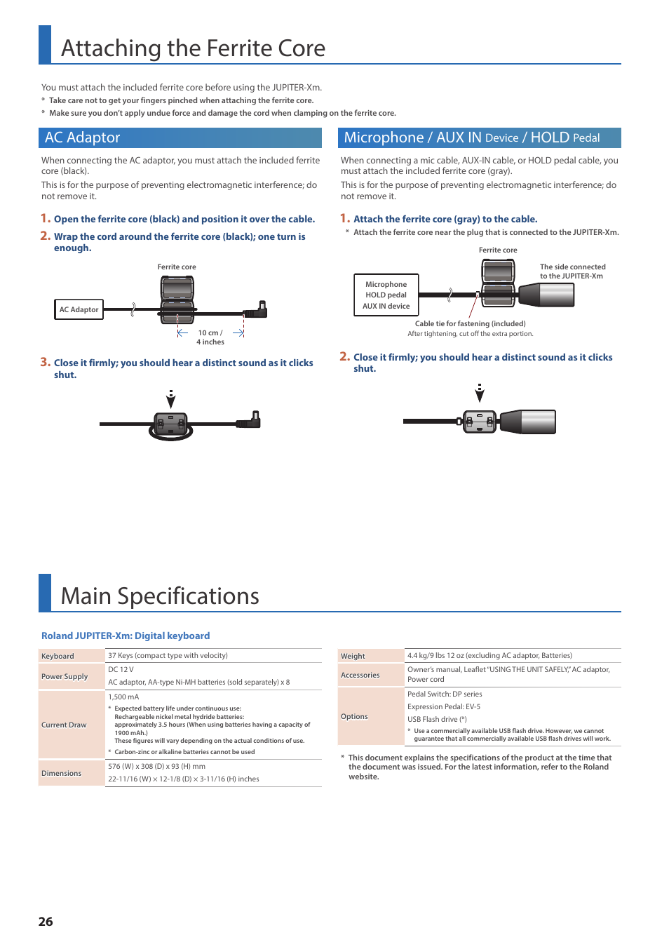 Attaching the ferrite core, Main specifications, Ac adaptor | Microphone / aux in, Hold | Roland JUPITER-Xm Portable Synthesizer User Manual | Page 26 / 27