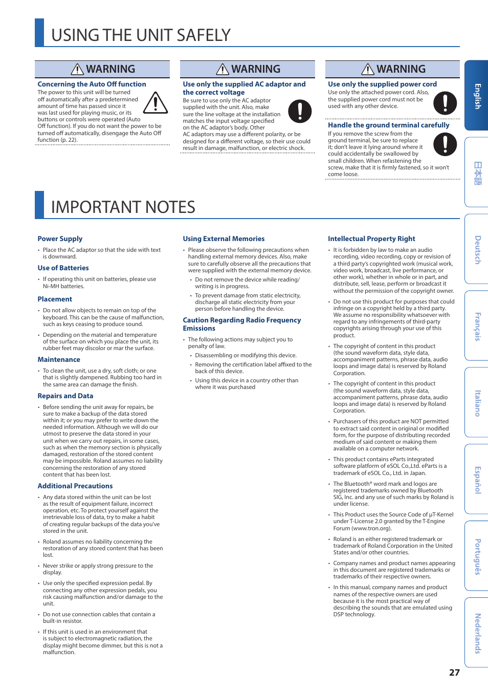 Using the unit safely, Important notes, Anual (p. 27 | S manual (p. 27), Warning | Roland JUPITER-Xm Portable Synthesizer User Manual | Page 27 / 27