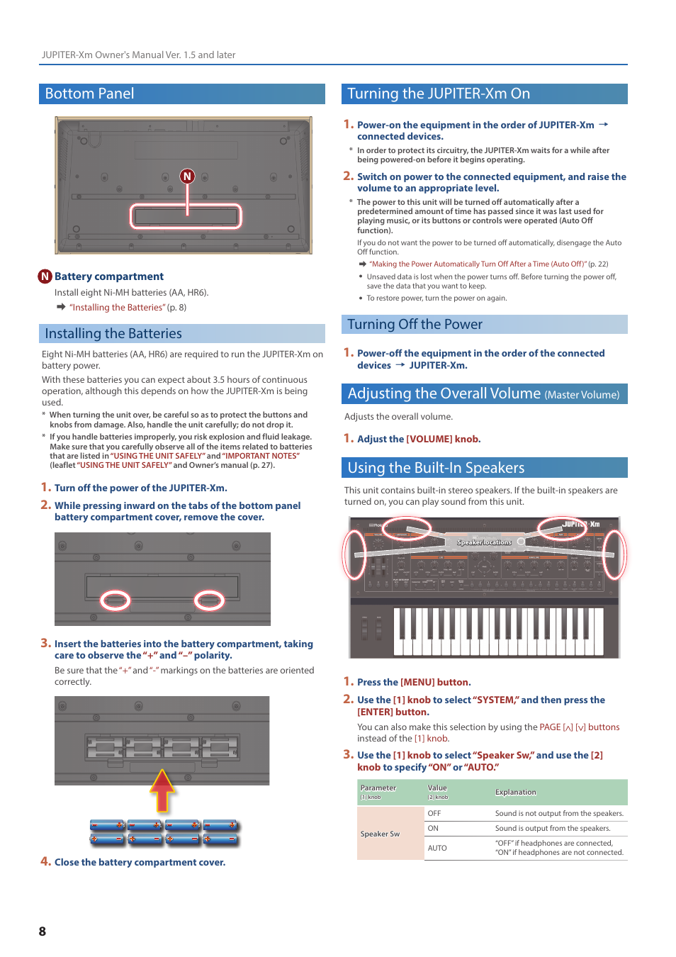 Bottom panel, Installing the batteries, Turning the jupiter-xm on | Turning off the power, Adjusting the overall volume (master volume), Using the built-in speakers, Adjusting the overall volume, Master volume) | Roland JUPITER-Xm Portable Synthesizer User Manual | Page 8 / 27