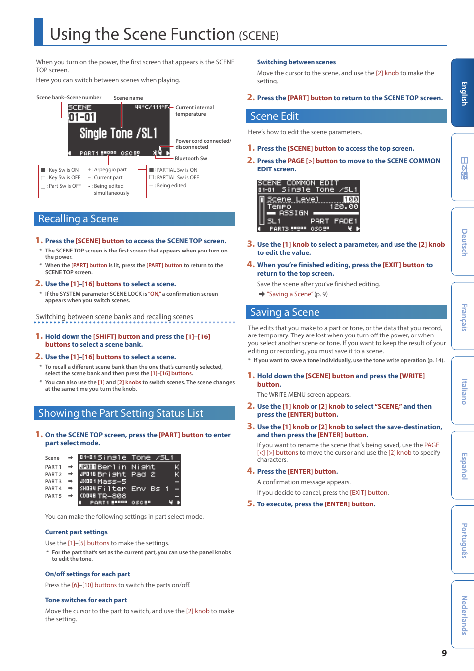 Using the scene function (scene), Recalling a scene, Showing the part setting status list | Scene edit, Saving a scene, Using the scene function, Scene) | Roland JUPITER-Xm Portable Synthesizer User Manual | Page 9 / 27