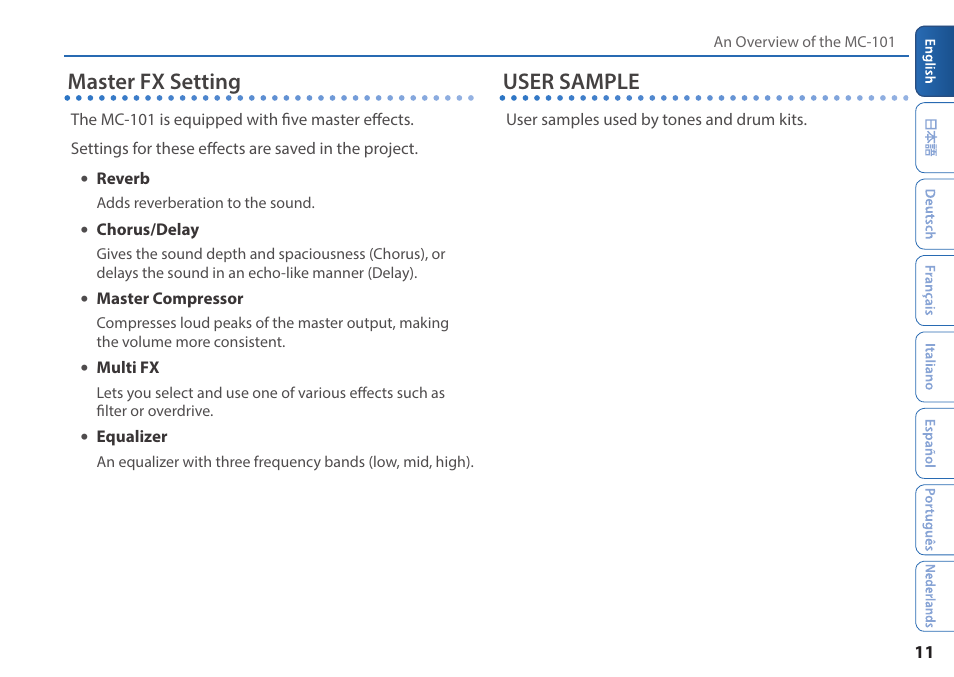 Master fx setting, User sample | Roland MC-101 Portable Groovebox User Manual | Page 11 / 24