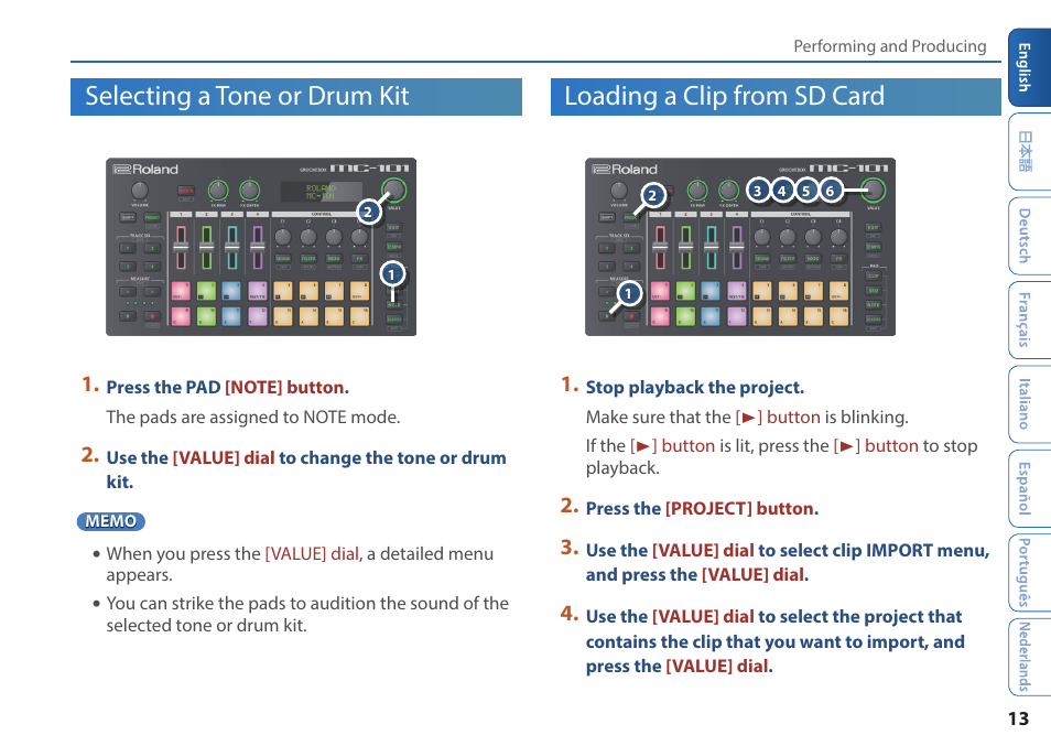 Selecting a tone or drum kit, Loading a clip from sd card | Roland MC-101 Portable Groovebox User Manual | Page 13 / 24