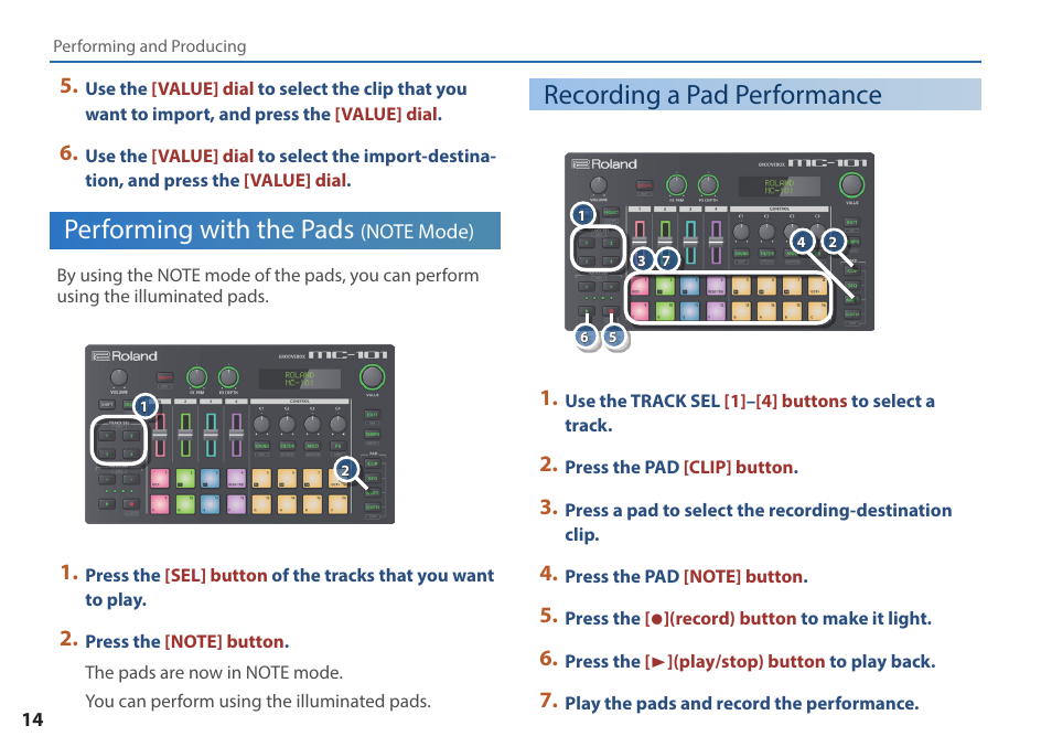 Recording a pad performance, Performing with the pads | Roland MC-101 Portable Groovebox User Manual | Page 14 / 24