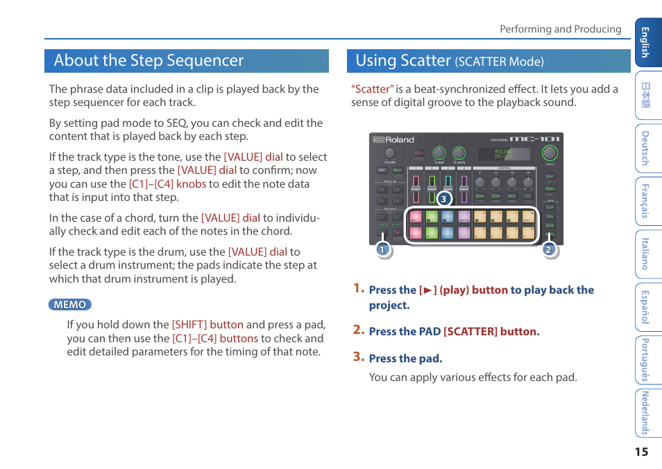 About the step sequencer, Using scatter | Roland MC-101 Portable Groovebox User Manual | Page 15 / 24